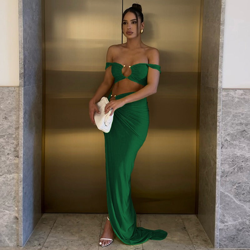 Two-Piece Set with Ring Detail Crop Top and High Slit Maxi Skirt - Green