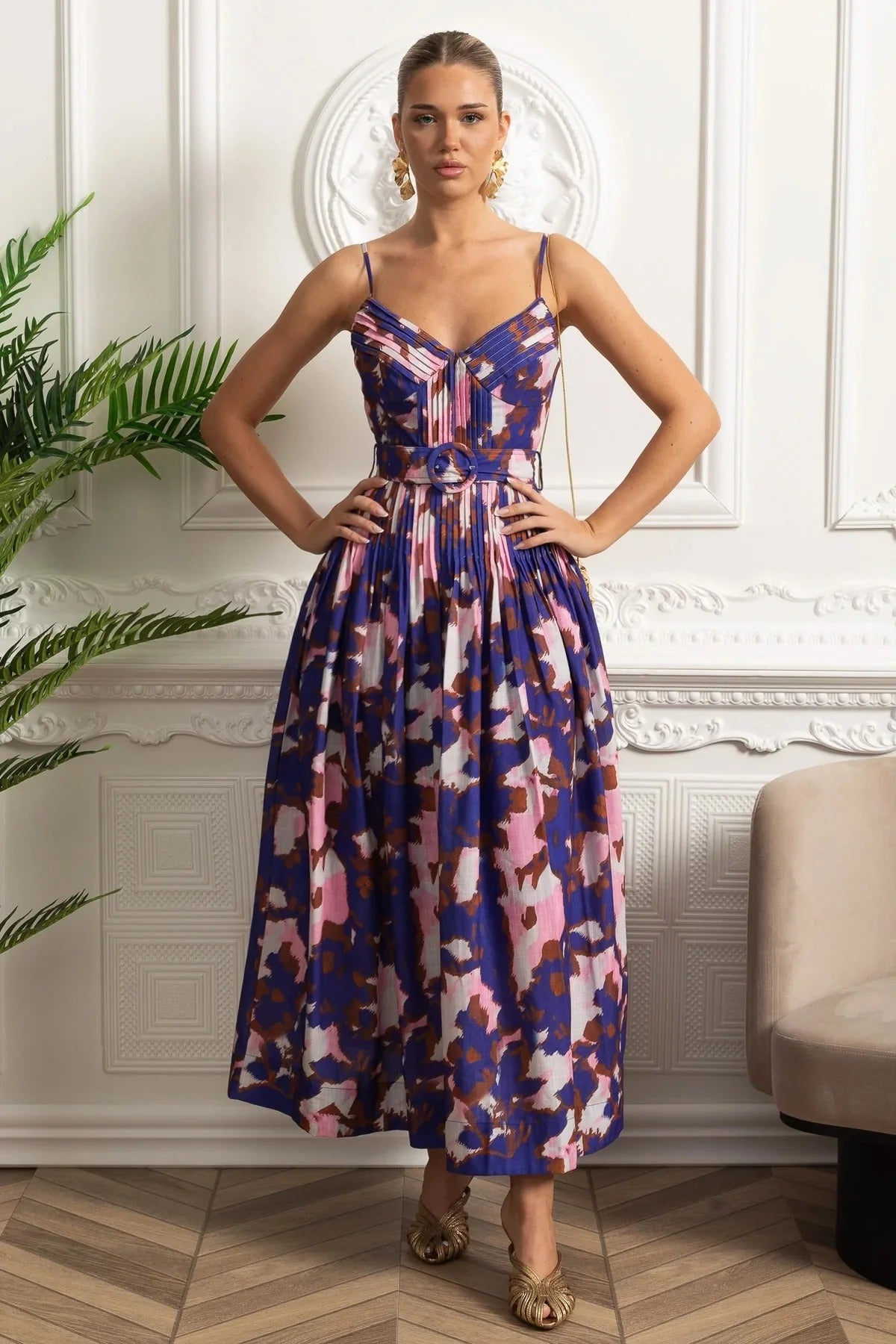 Structured Midi Dress With Pleated Skirt and Belt Detail - Purple