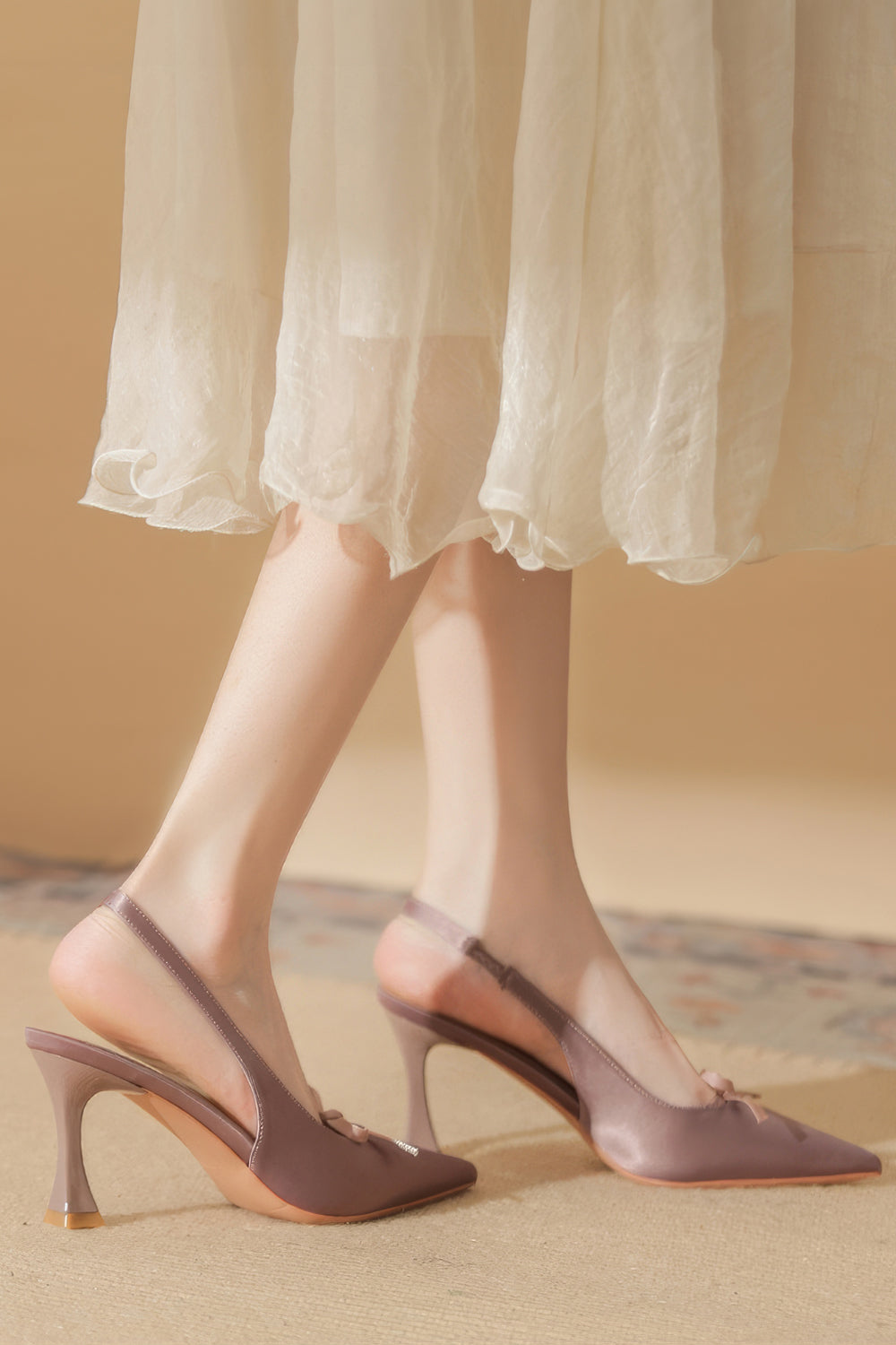 Pointed Slingback Heels with Bow Detail and Flared Heel - Pink