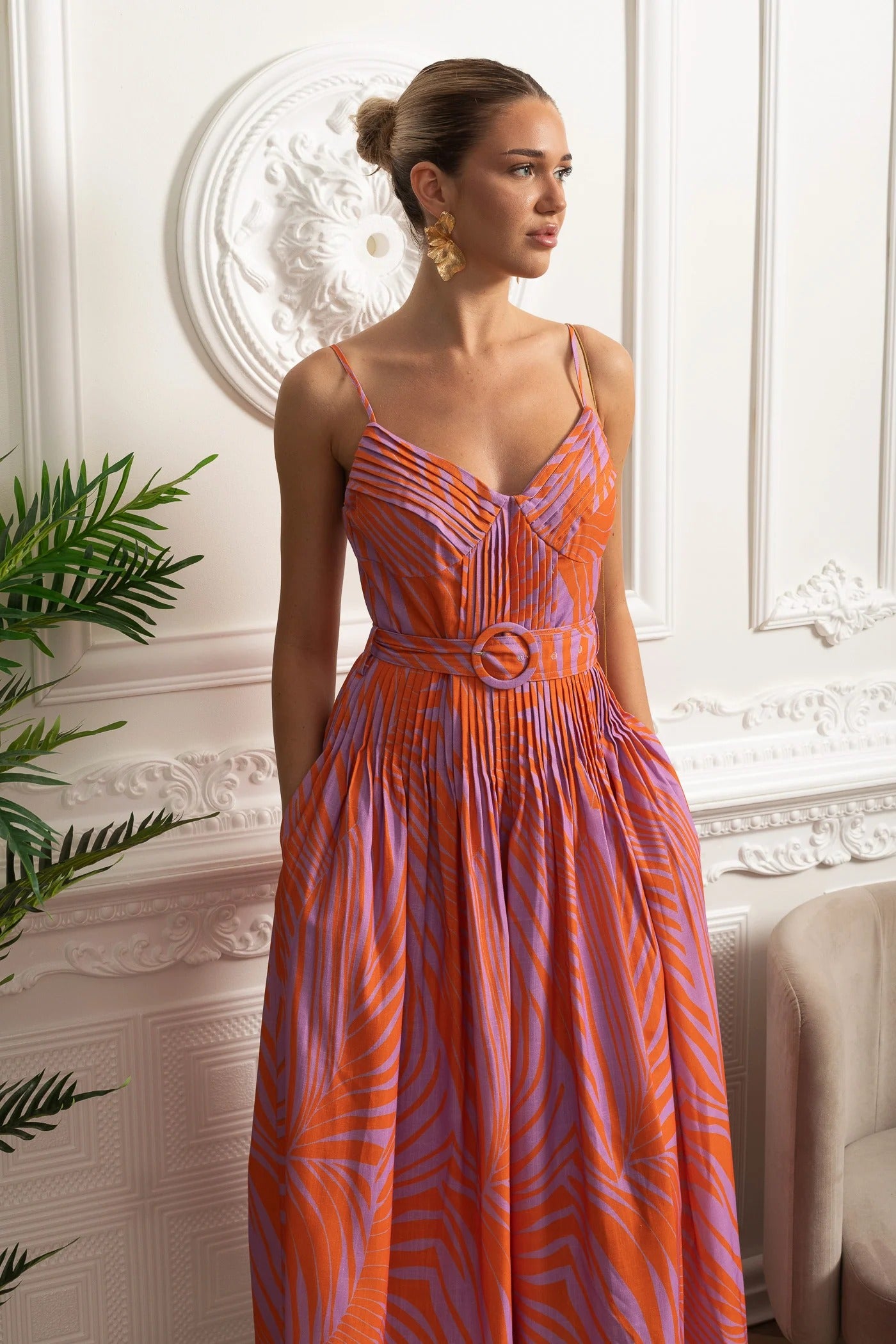 Structured Midi Dress With Pleated Skirt and Belt Detail - Orange
