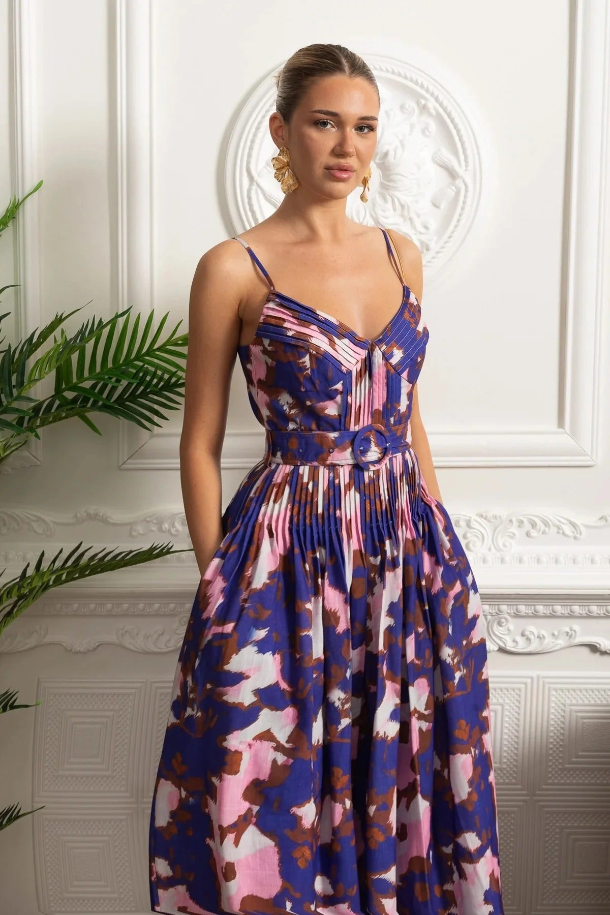 Structured Midi Dress With Pleated Skirt and Belt Detail - Purple