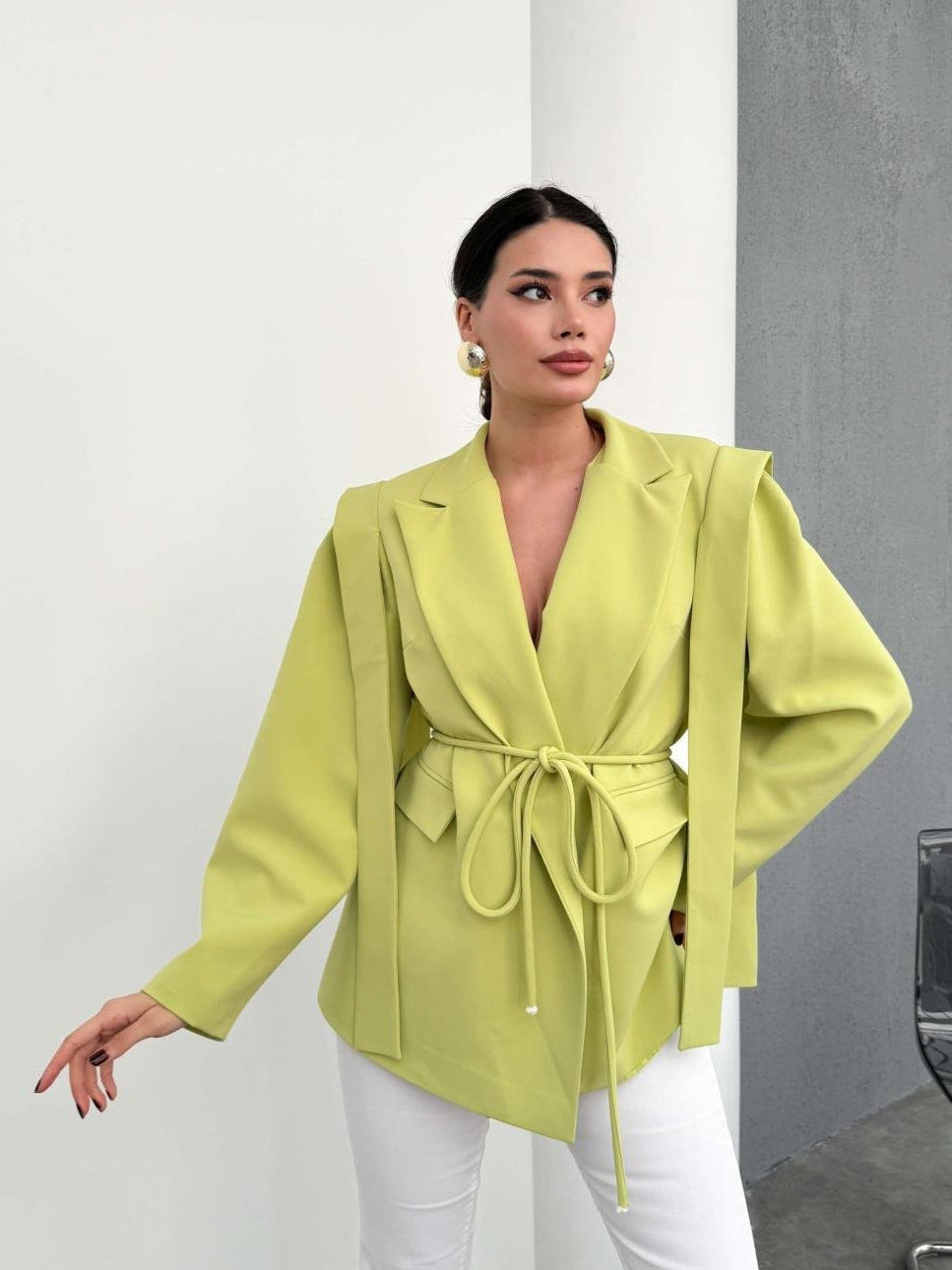Oversized Blazer with Belted Waist and Layered Sleeves - Yellow