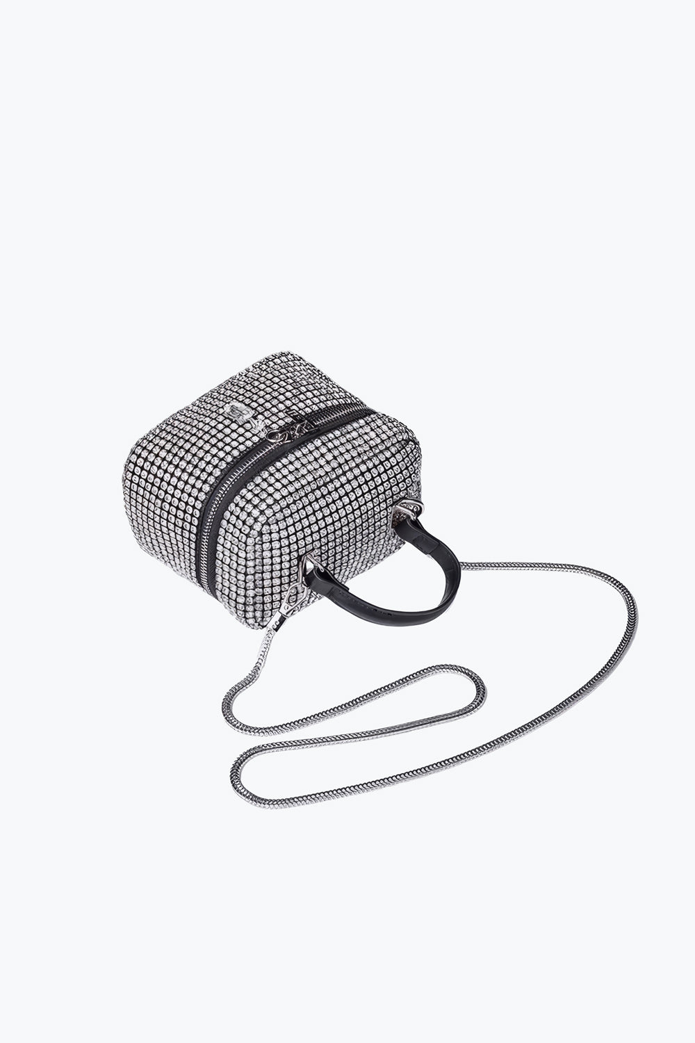Boxy Crystal Handle Bag with Chain Strap and Zipper Lock