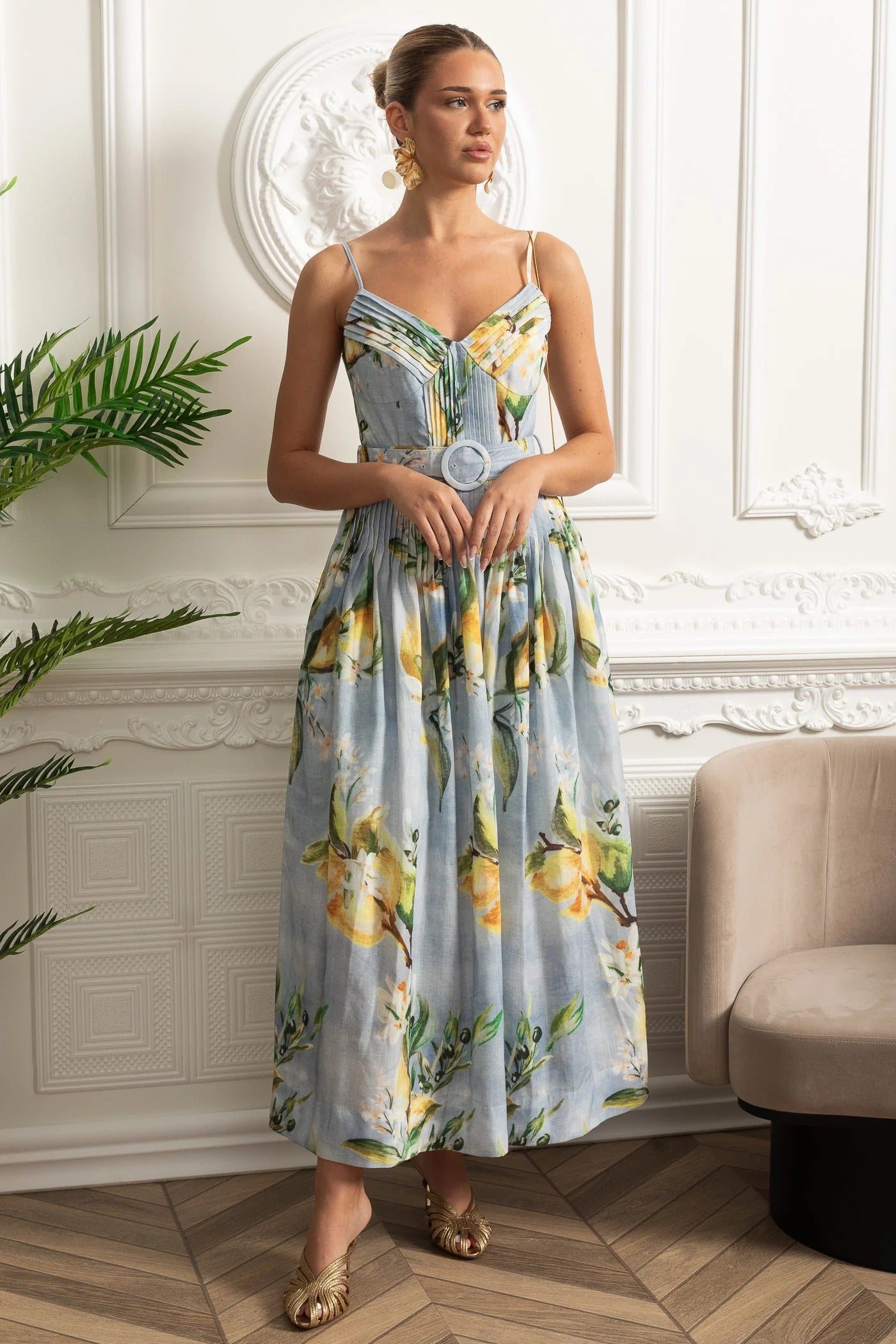 Structured Midi Dress With Pleated Skirt and Belt Detail - Blue