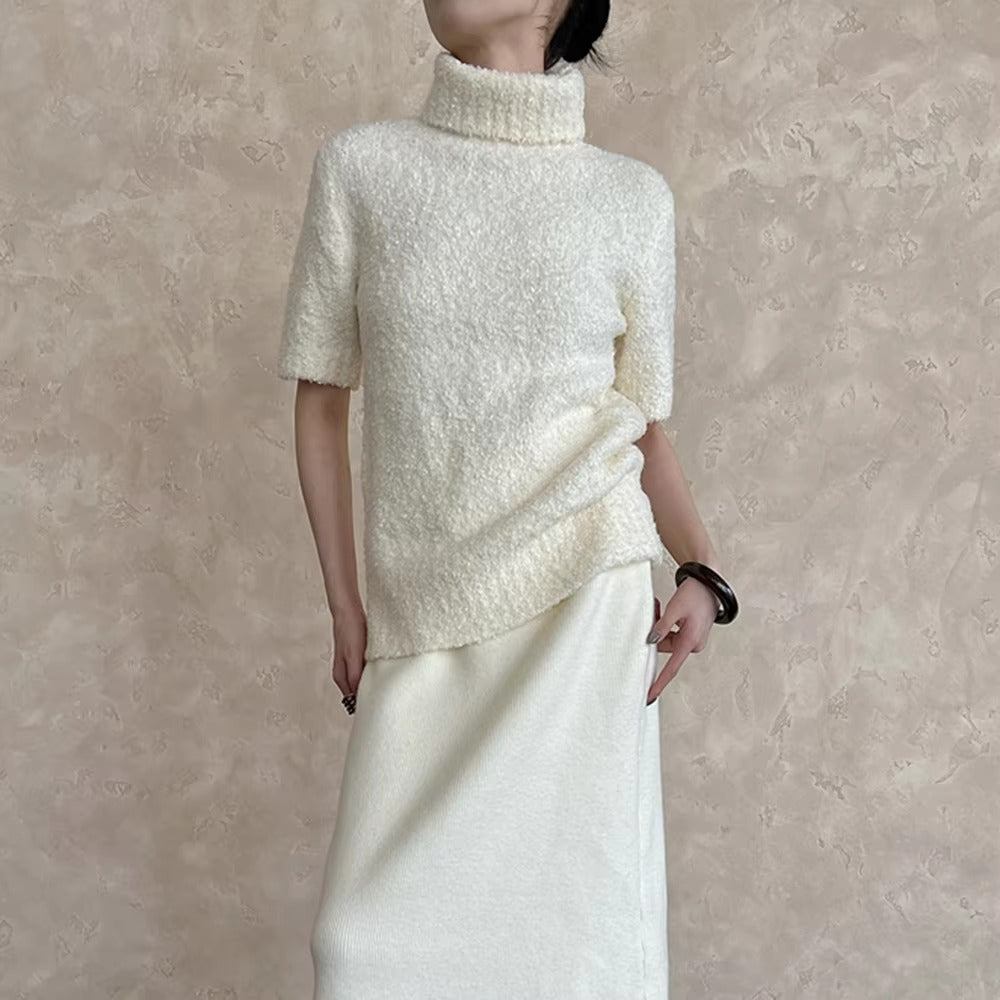 Textured High-Neck Short Sleeve Knitted Sweater - White