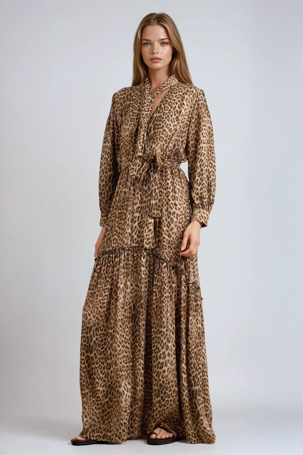 Tie Neck Long Sleeve V-Neck Maxi Dress - Brown