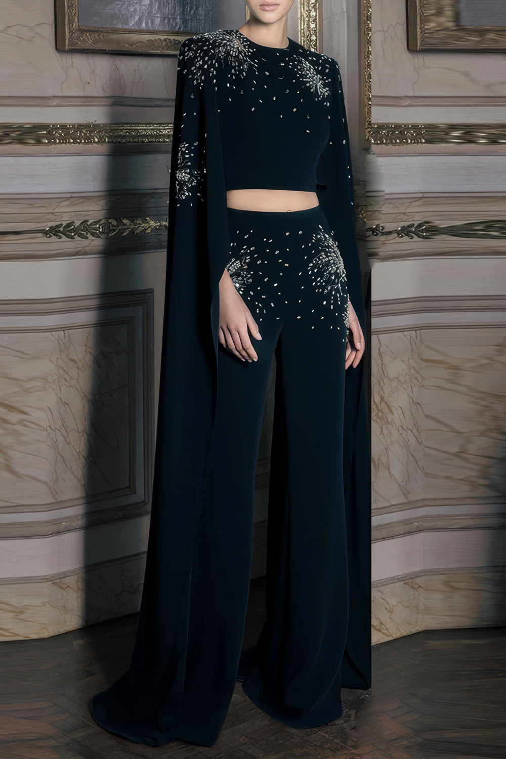 Embellished Two-Piece Set with Draped Sleeves Cropped Top and Trousers