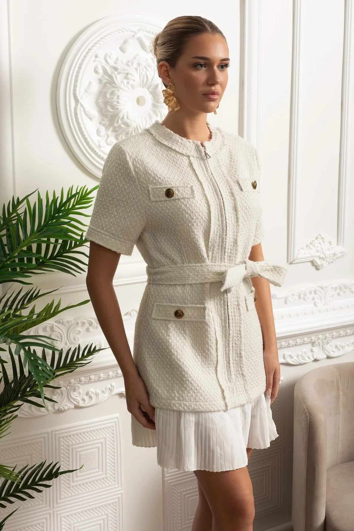 Short-Sleeved Belted Bouclé Mini Dress with Pleated Hem - White