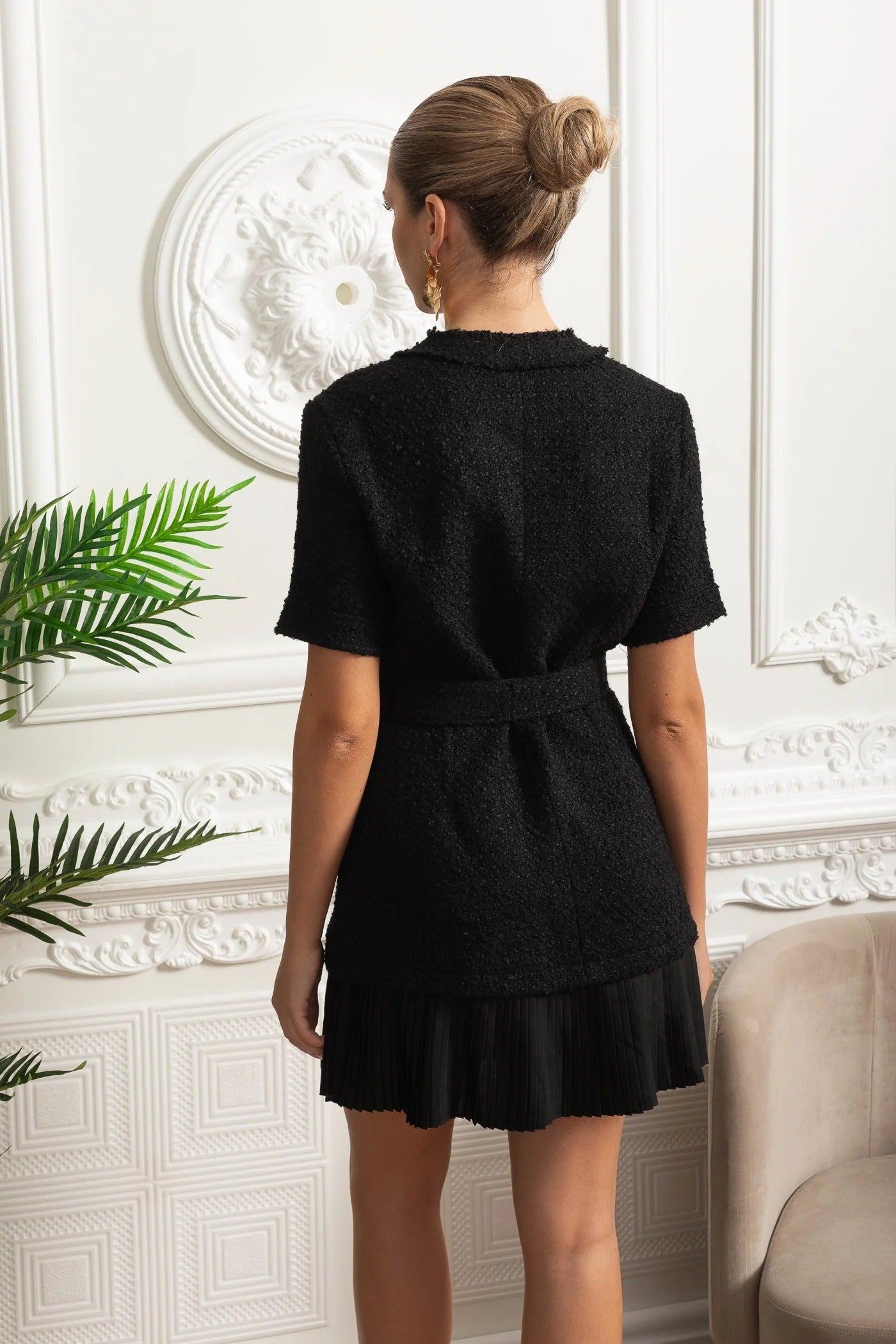 Short-Sleeved Belted Bouclé Mini Dress with Pleated Hem - Black