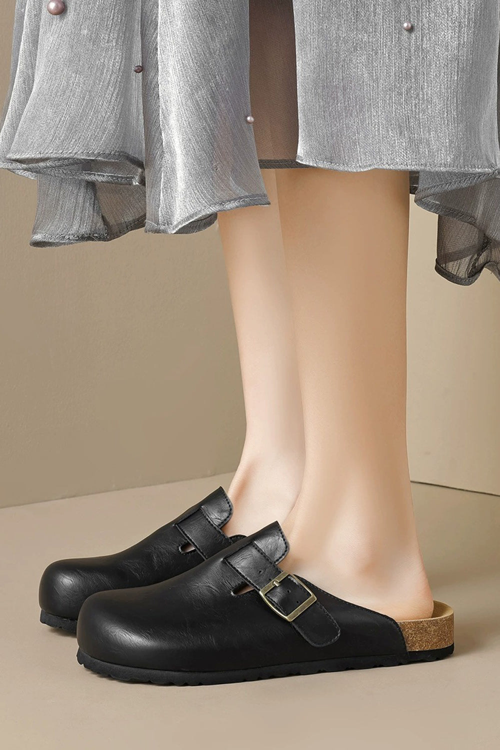 Slip-On Clog Sandals with Buckle Detail - Black