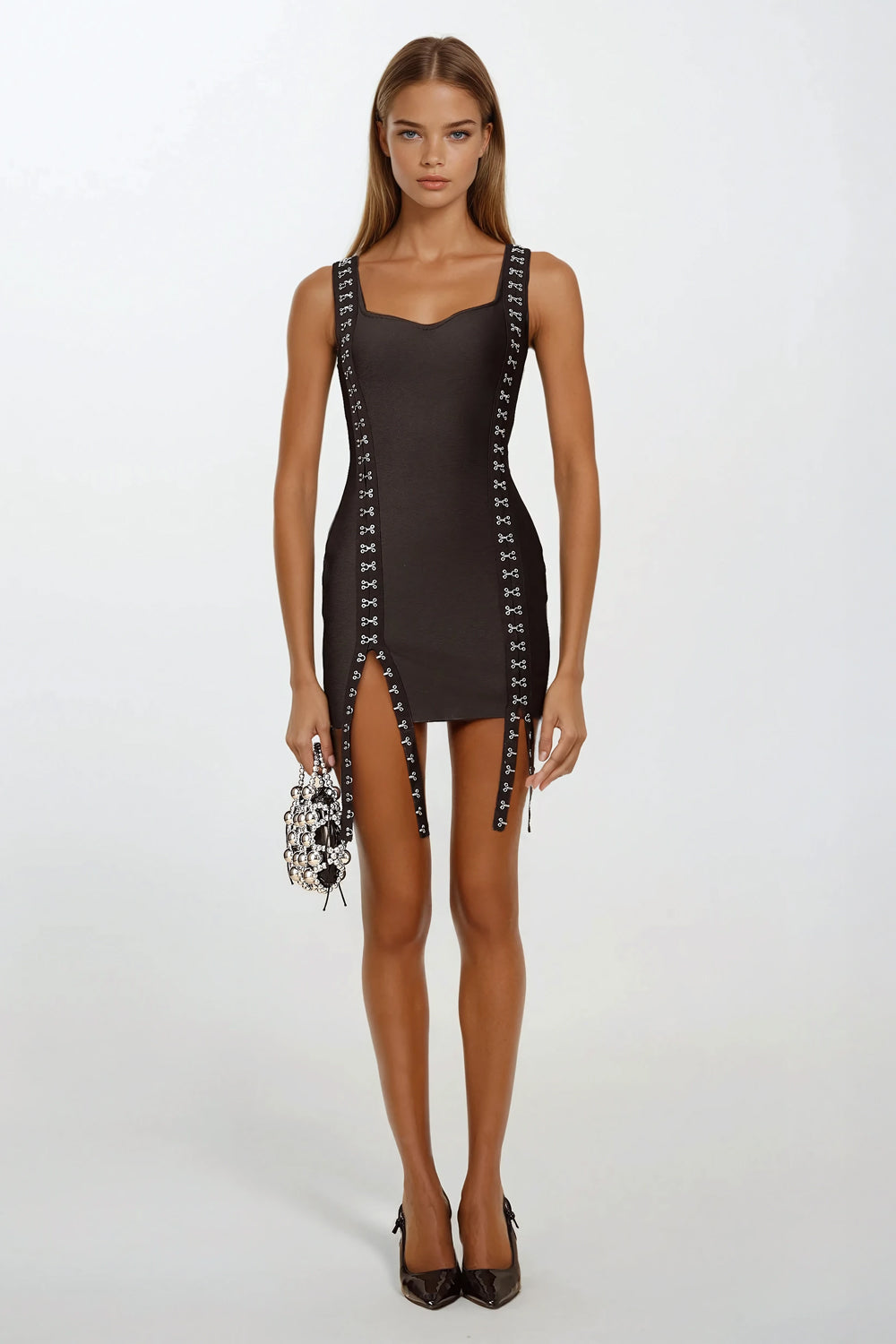 Sleeveless Bodycon Mini Dress with Hook Details - Black