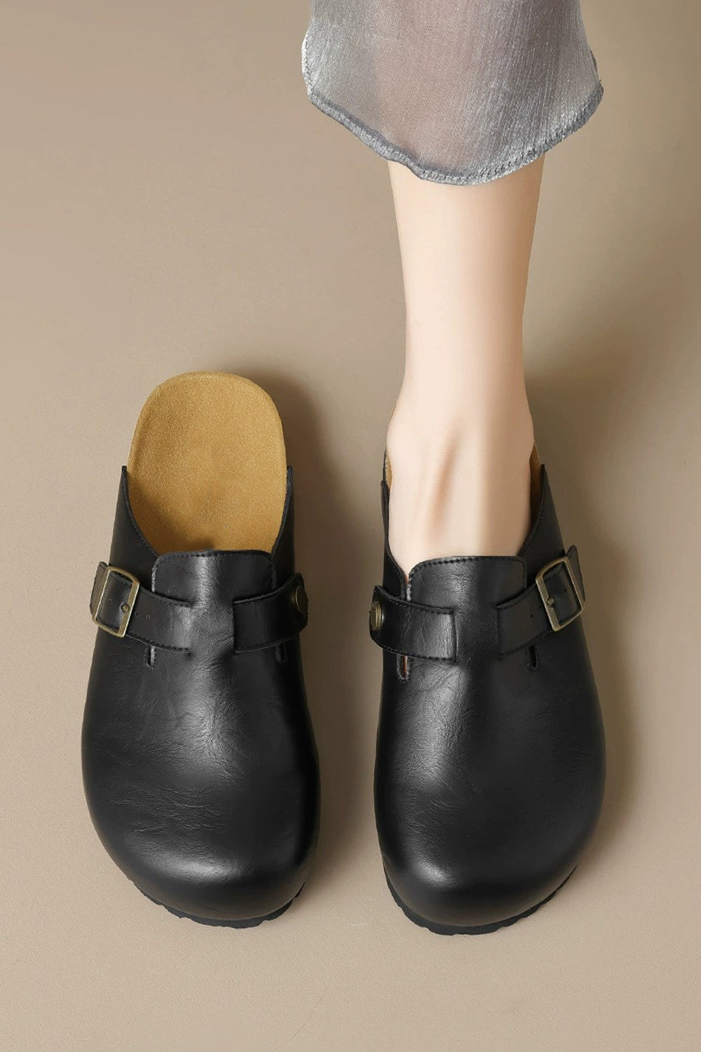 Slip-On Clog Sandals with Buckle Detail - Black