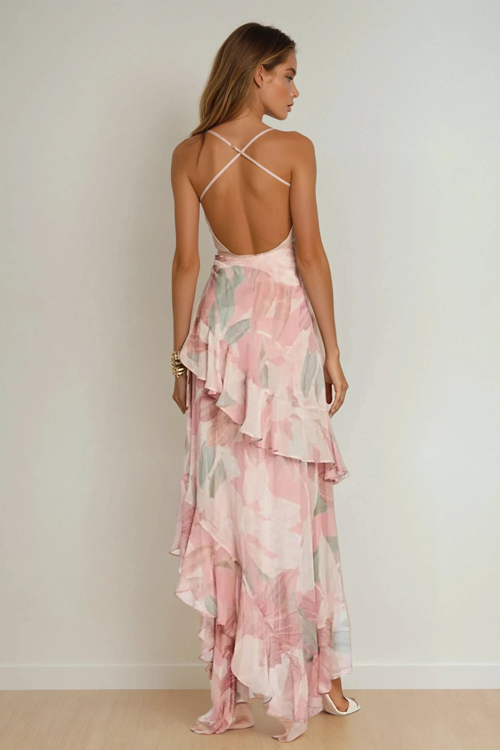 Asymmetrical Maxi Dress with Layered Ruffles and Floral Detail - Pink