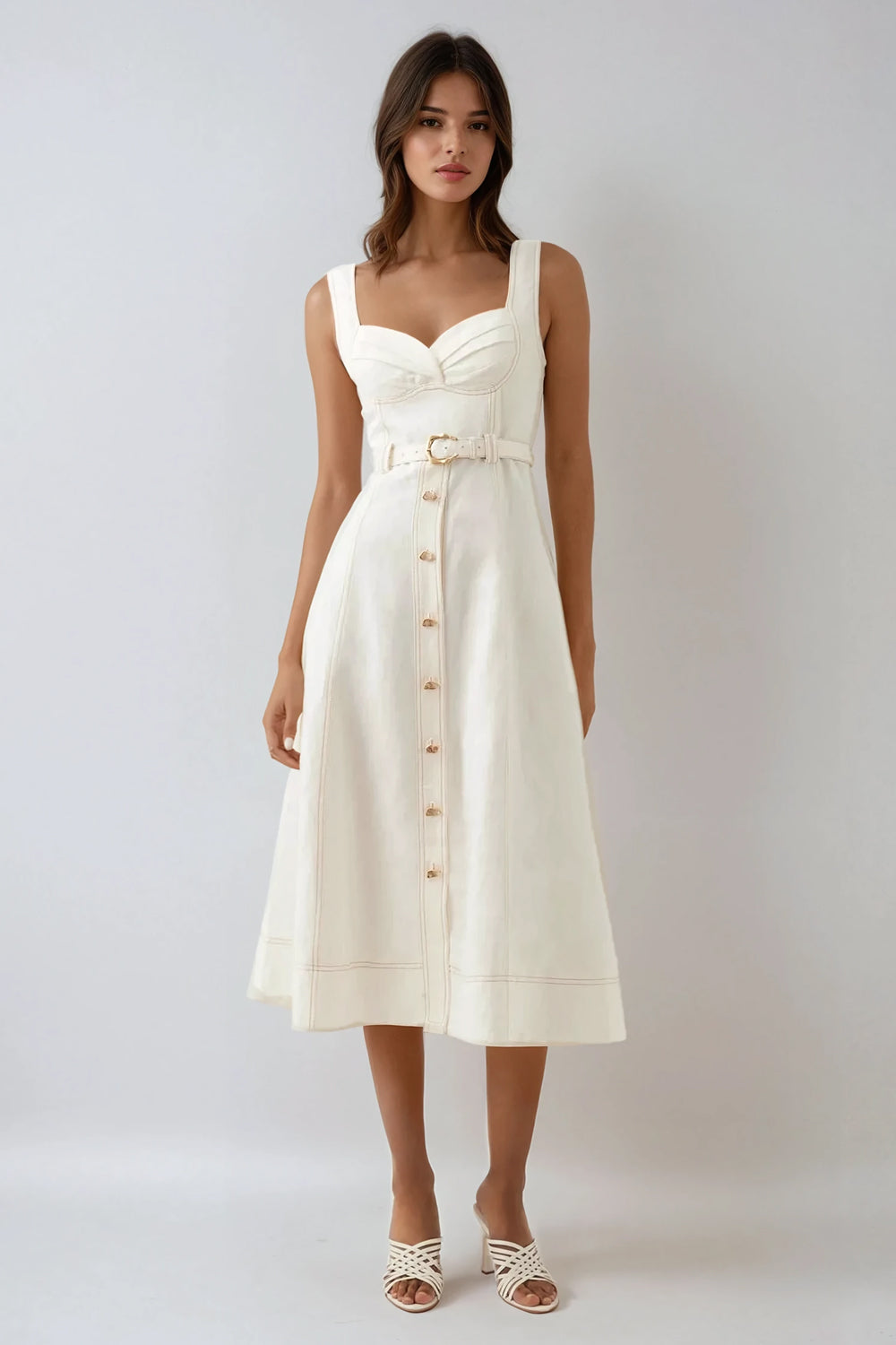 Sweetheart Neckline Button-Down Midi Dress