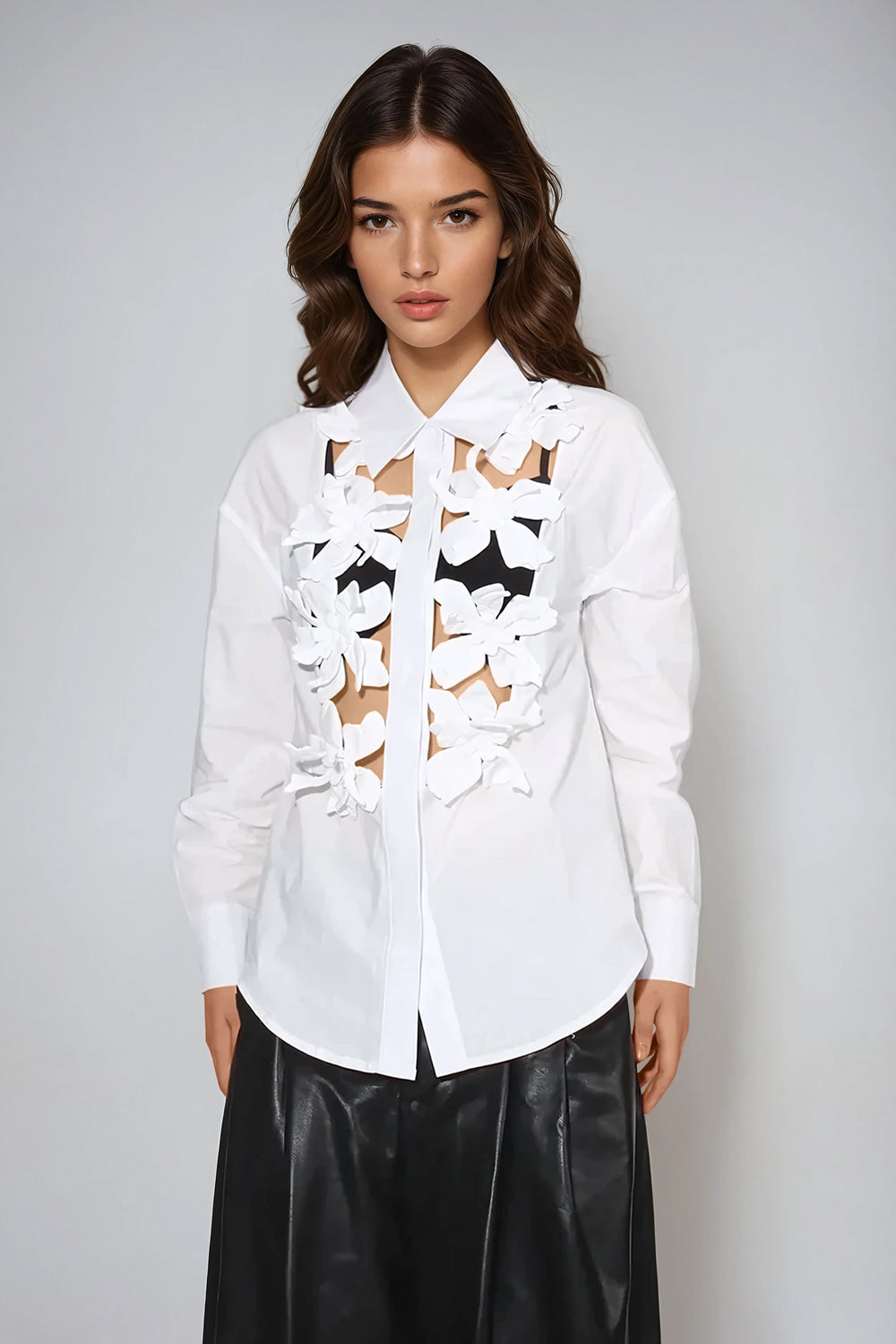 Cutout Floral Button-Up Shirt - White