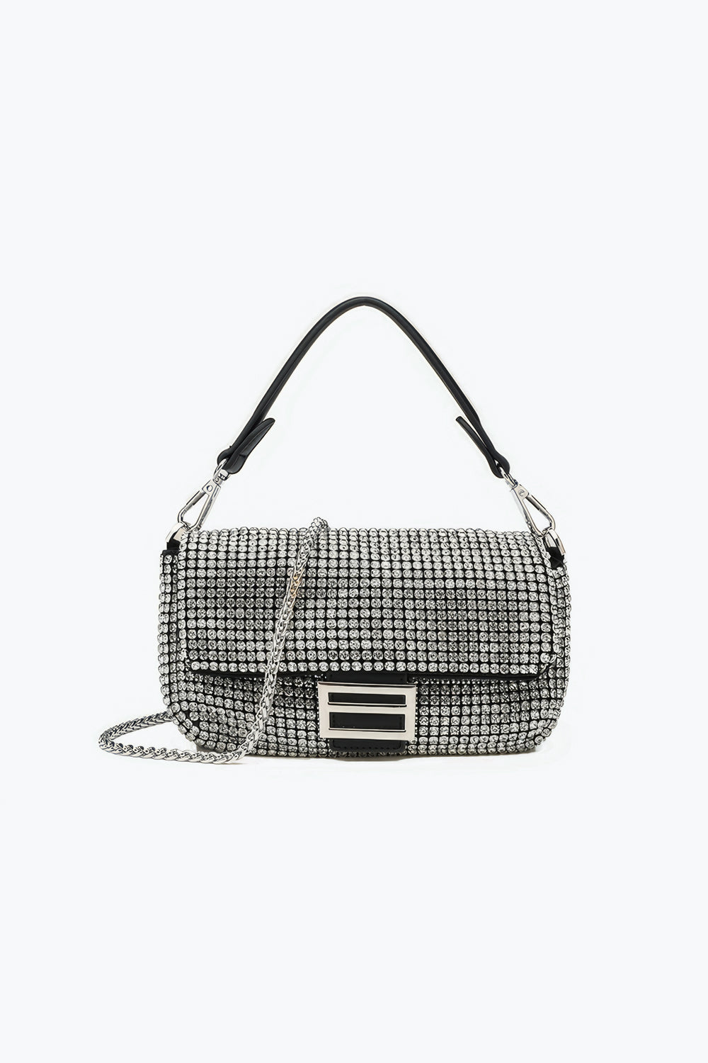Crystal Embellished Rectangular Flap Bag with Buckle Detail