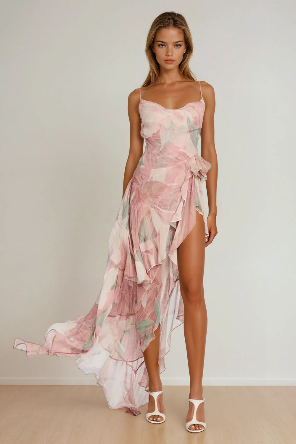 Asymmetrical Maxi Dress with Layered Ruffles and Floral Detail - Pink