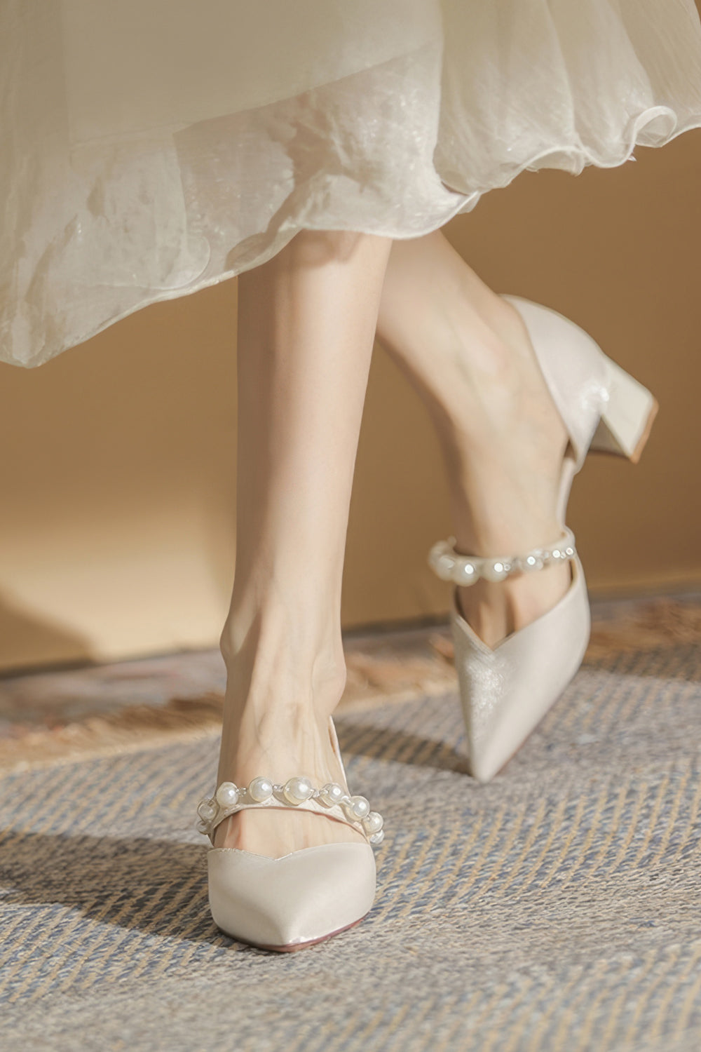 Pointed Toe Shoes with Pearl Strap and Block Heel - Apricot