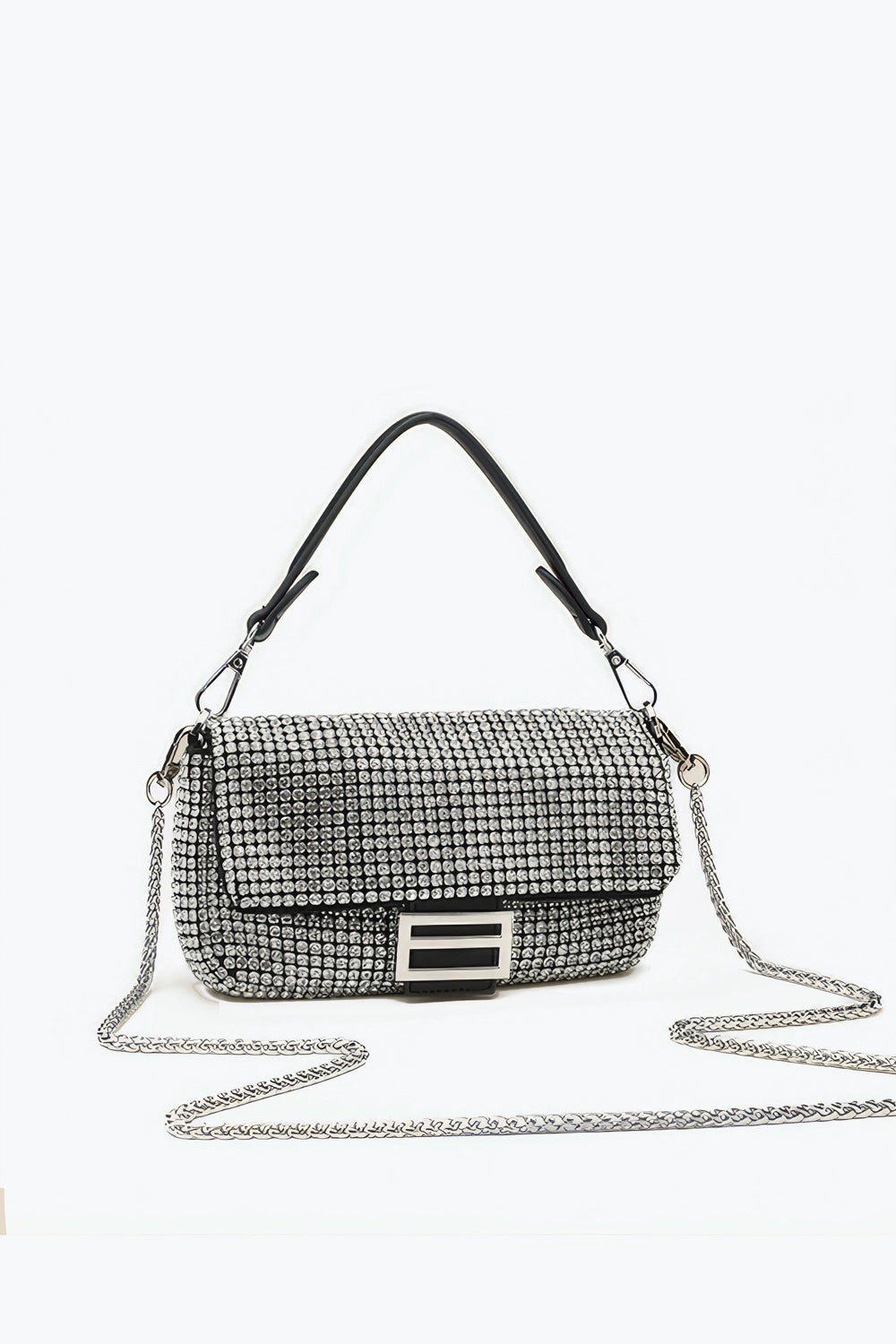 Crystal Embellished Rectangular Flap Bag with Buckle Detail