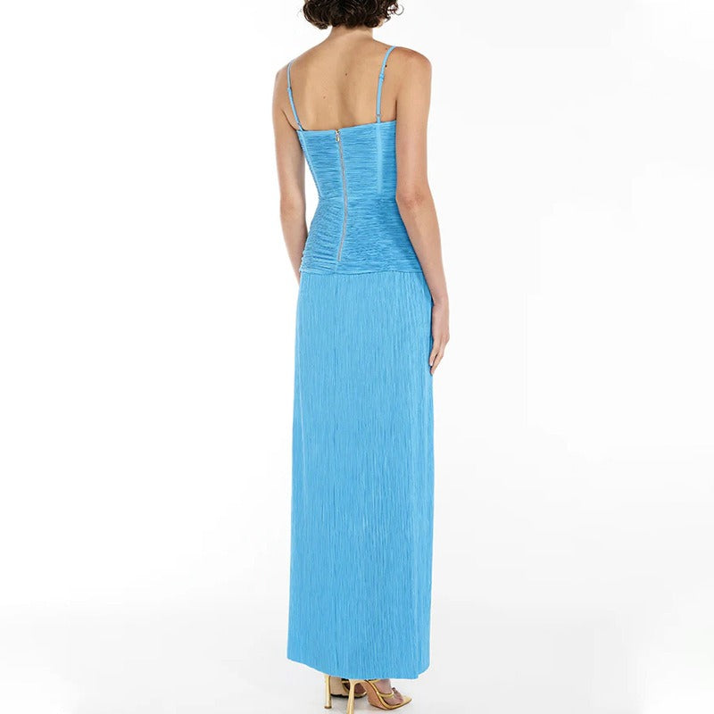 Maxi Dress with Ruched Corset and Pleated Skirt - Blue