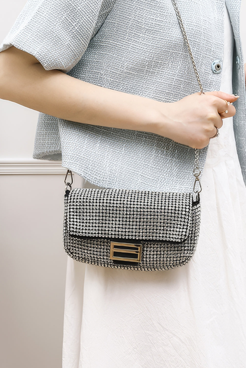 Crystal Embellished Rectangular Flap Bag with Buckle Detail