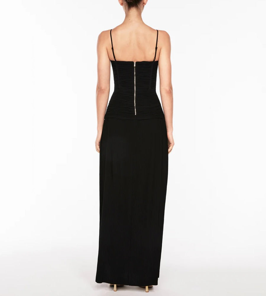 Maxi Dress with Ruched Corset and Pleated Skirt - Black