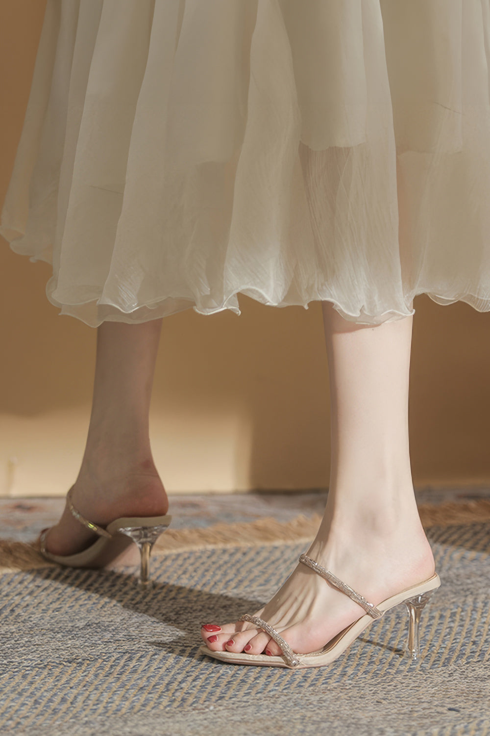 Open Toe Heels with Thin Double Straps and Clear Heel - Beige