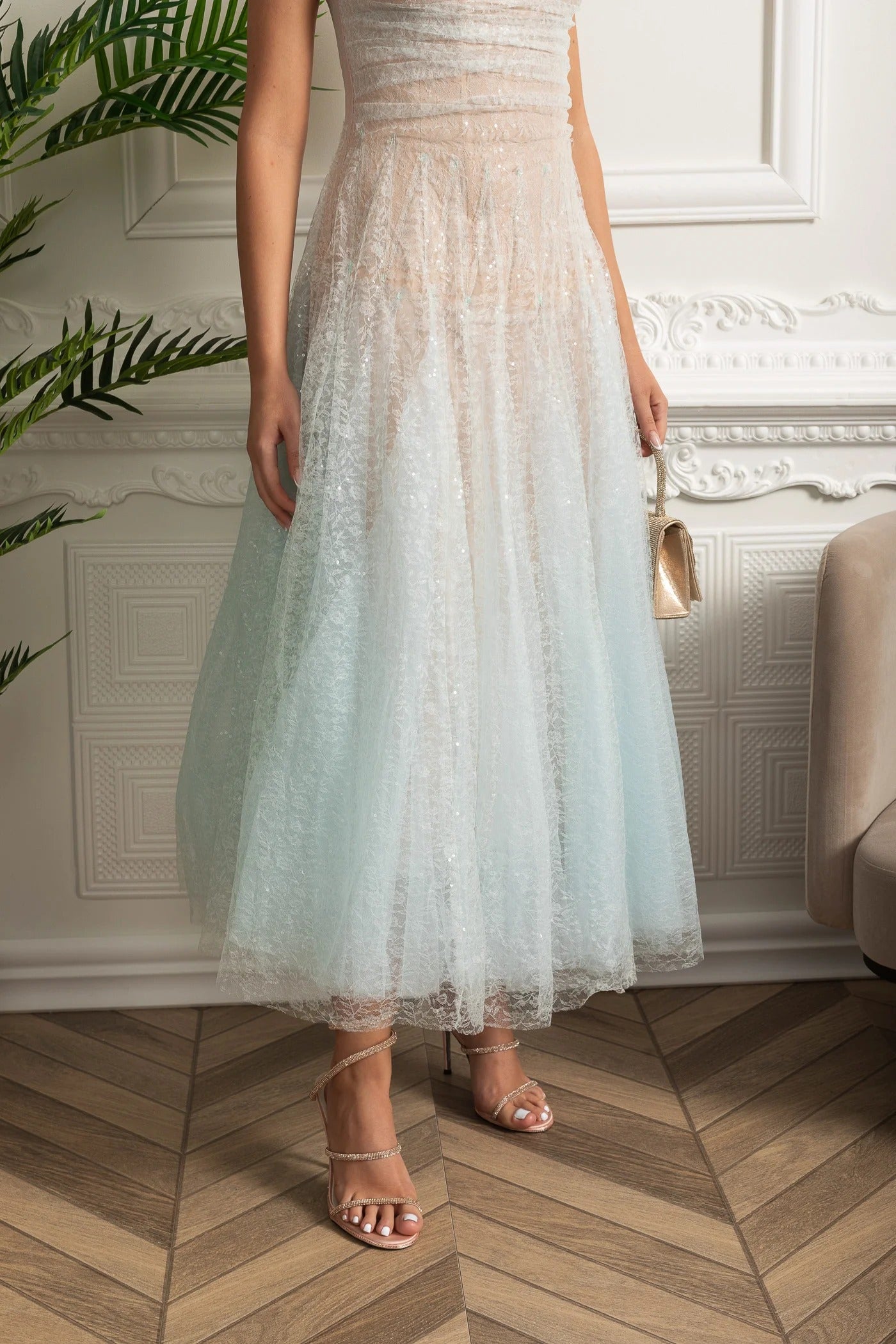 Strapless Sequin Midi Dress With Corset Bodice - Blue