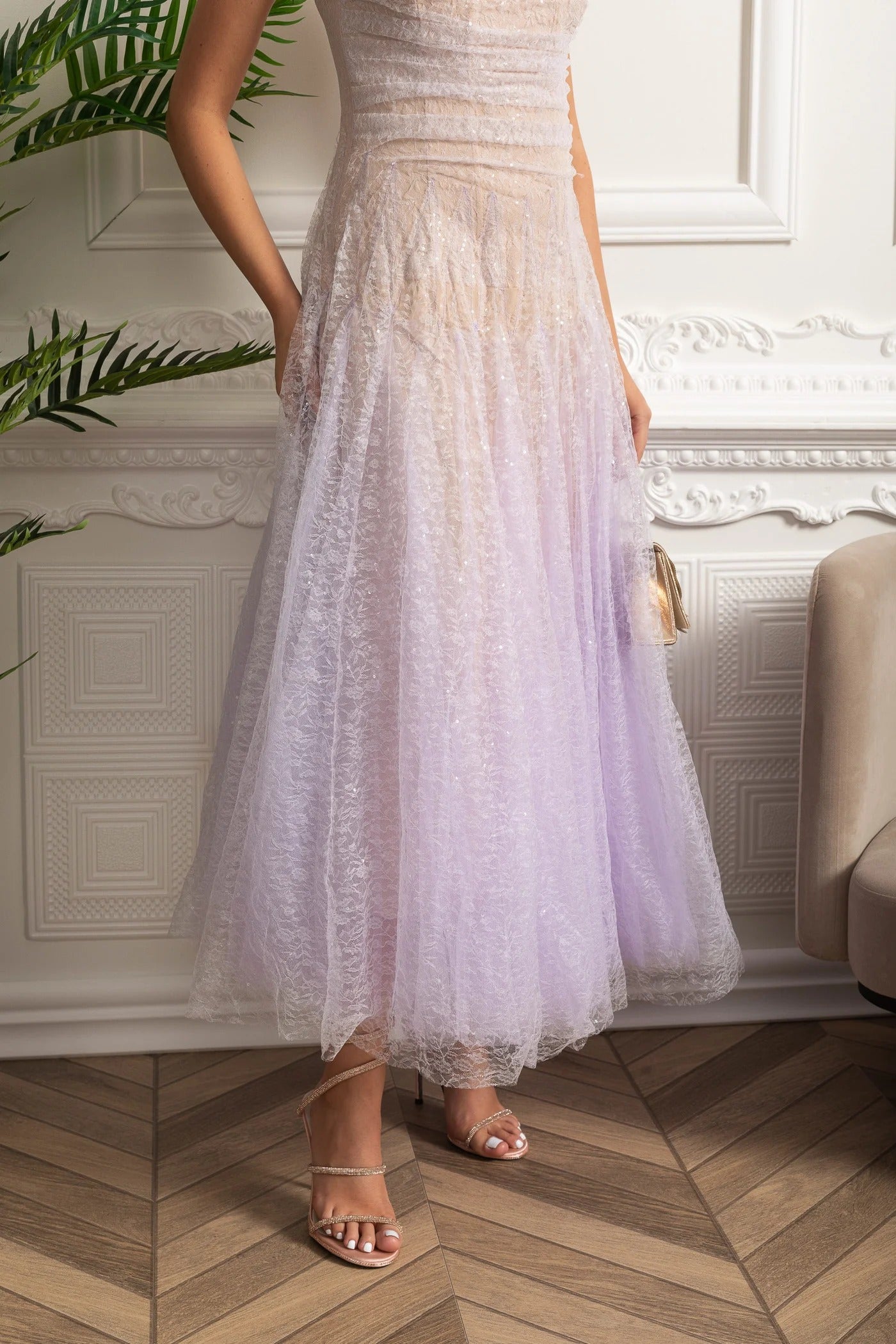 Strapless Sequin Midi Dress With Corset Bodice - Purple