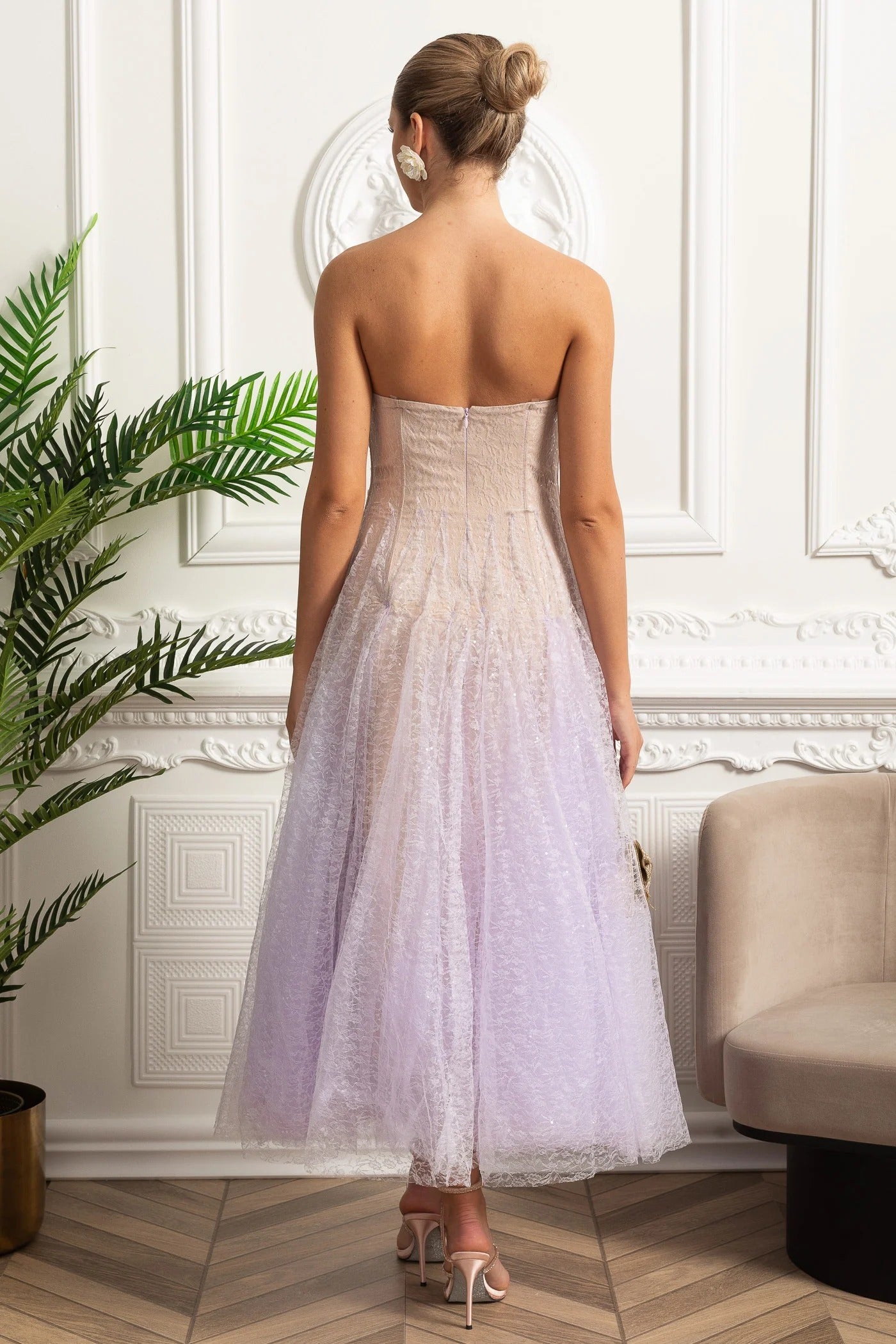 Strapless Sequin Midi Dress With Corset Bodice - Purple