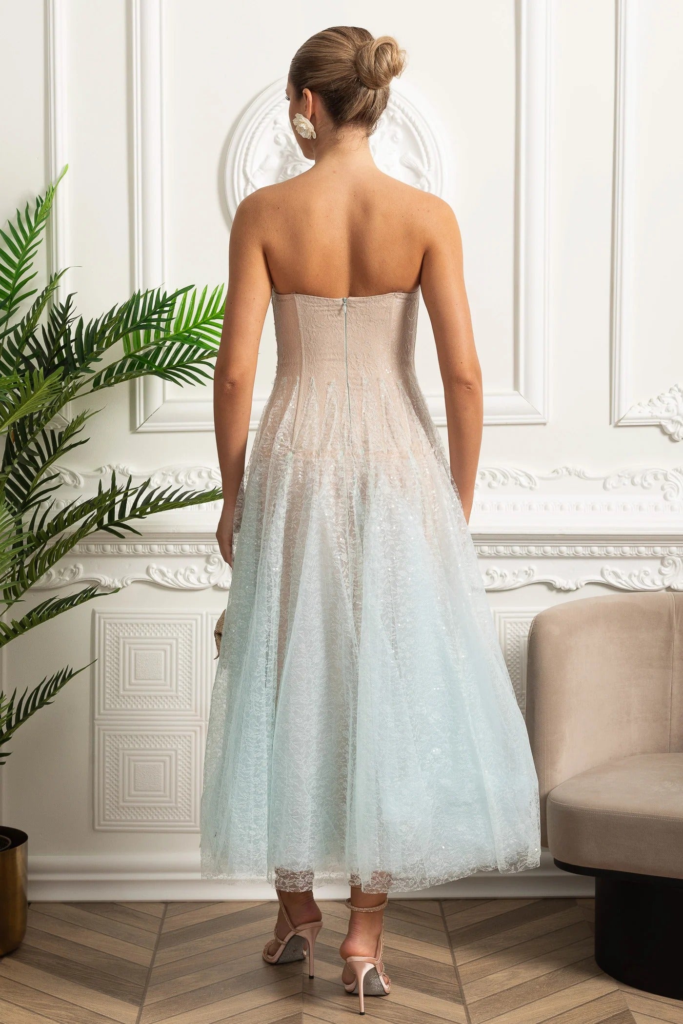 Strapless Sequin Midi Dress With Corset Bodice - Blue