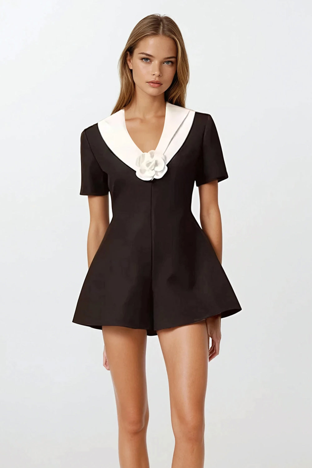 Contrast Collar Romper with Floral Detail - Black