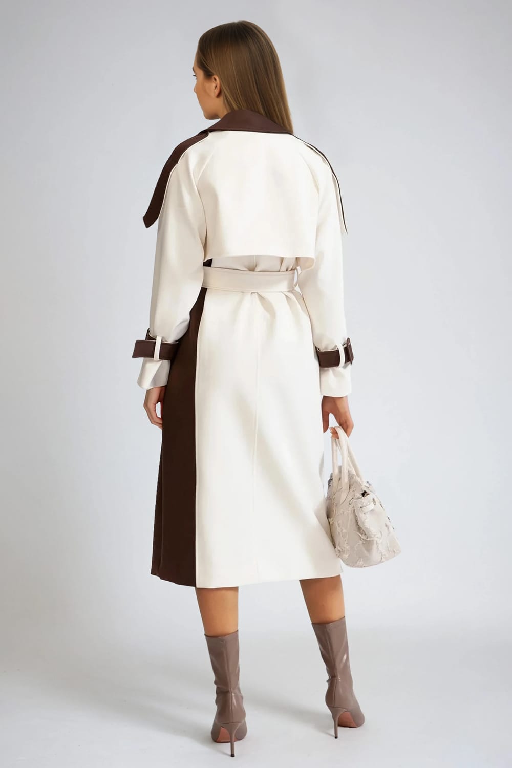 Double-Breasted Belted Long Coat - Brown