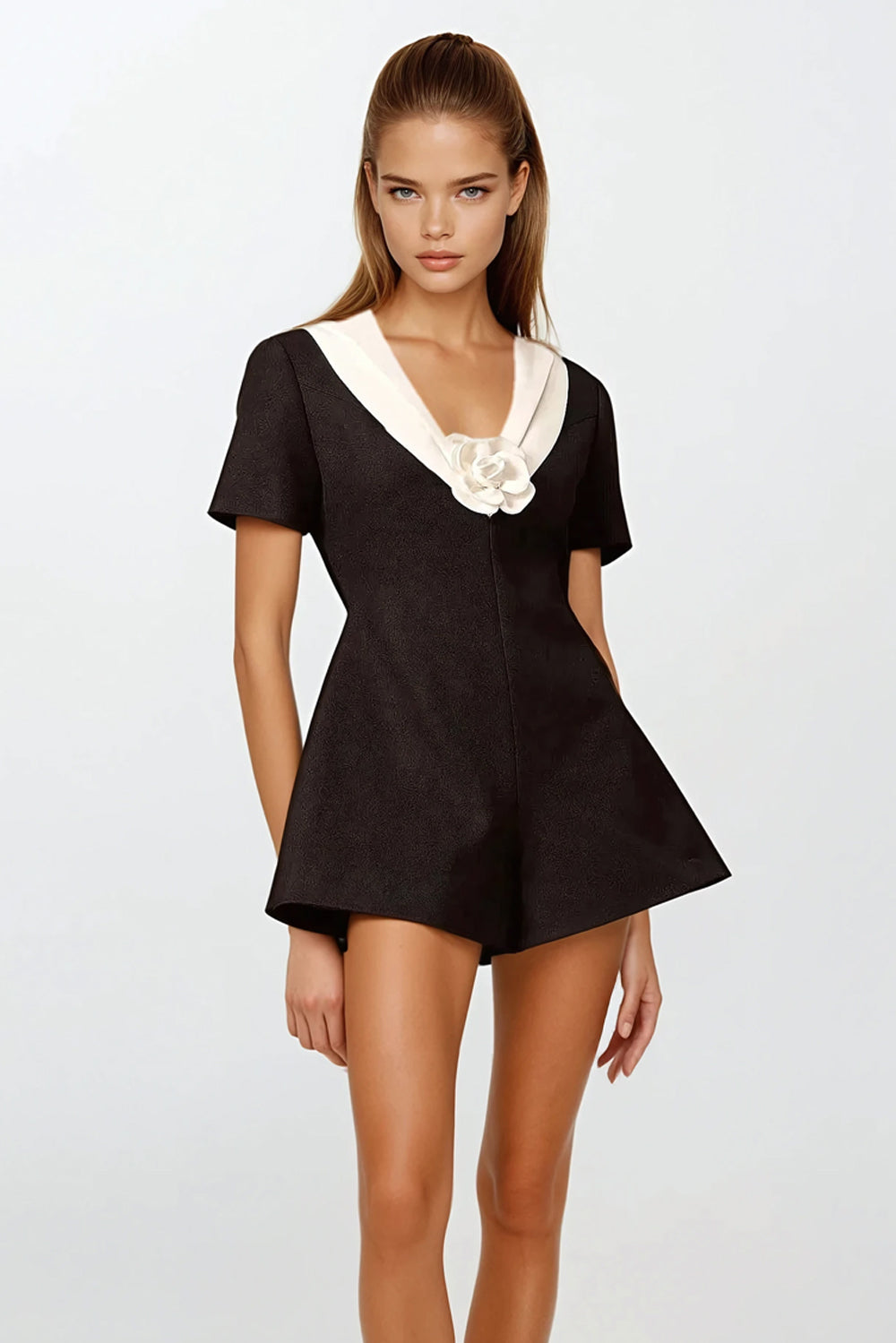 Contrast Collar Romper with Floral Detail - Black