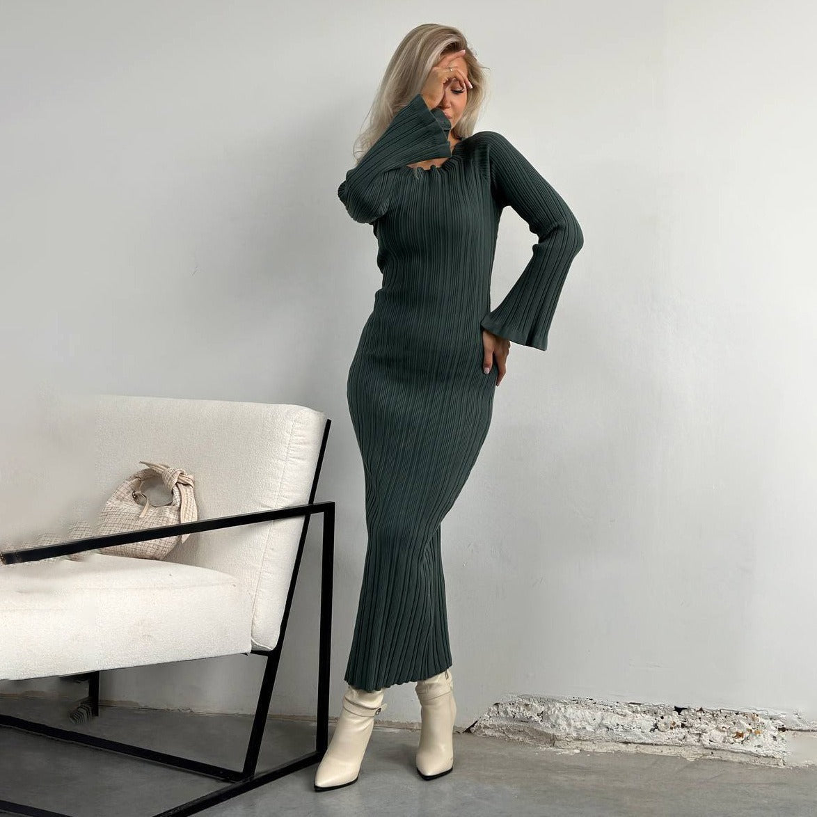 Ribbed Maxi Dress with Bell Sleeves - Green
