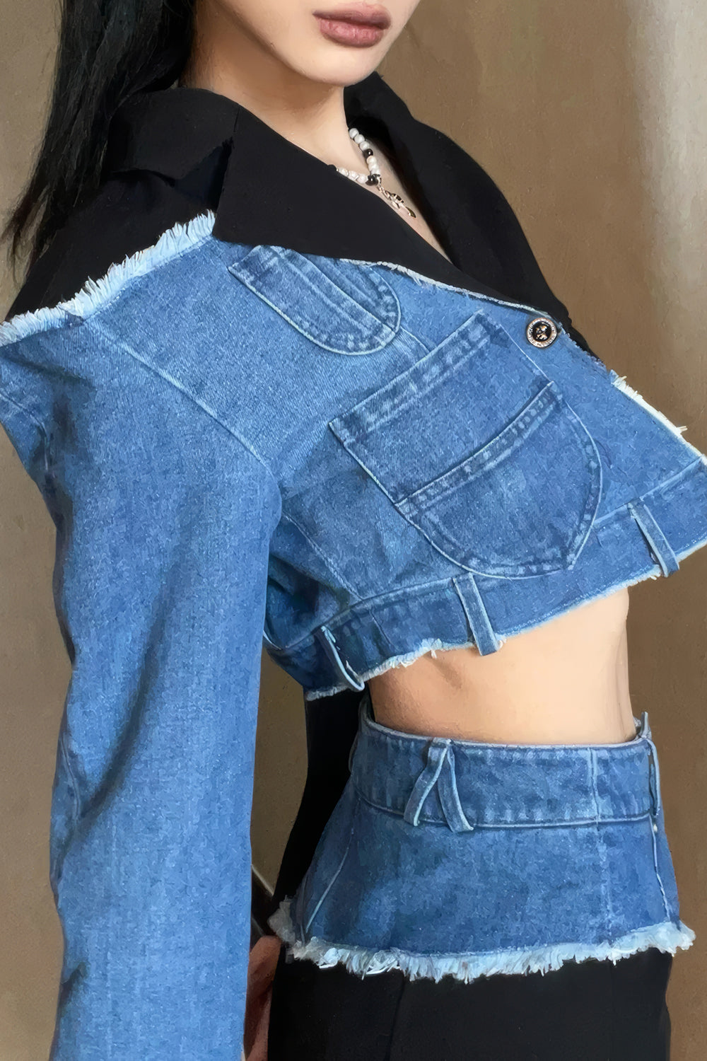 Asymmetrical Denim Tailored Top and Skirt Co-Ord Set