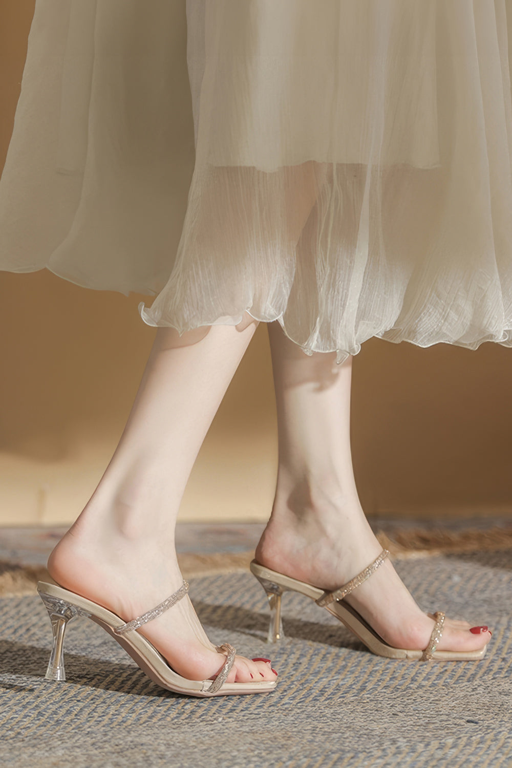 Open Toe Heels with Thin Double Straps and Clear Heel - Beige