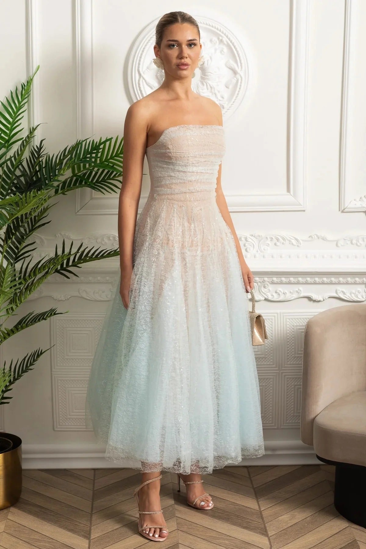 Strapless Sequin Midi Dress With Corset Bodice - Blue