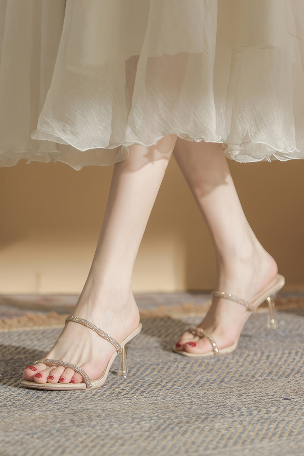 Open Toe Heels with Thin Double Straps and Clear Heel - Beige