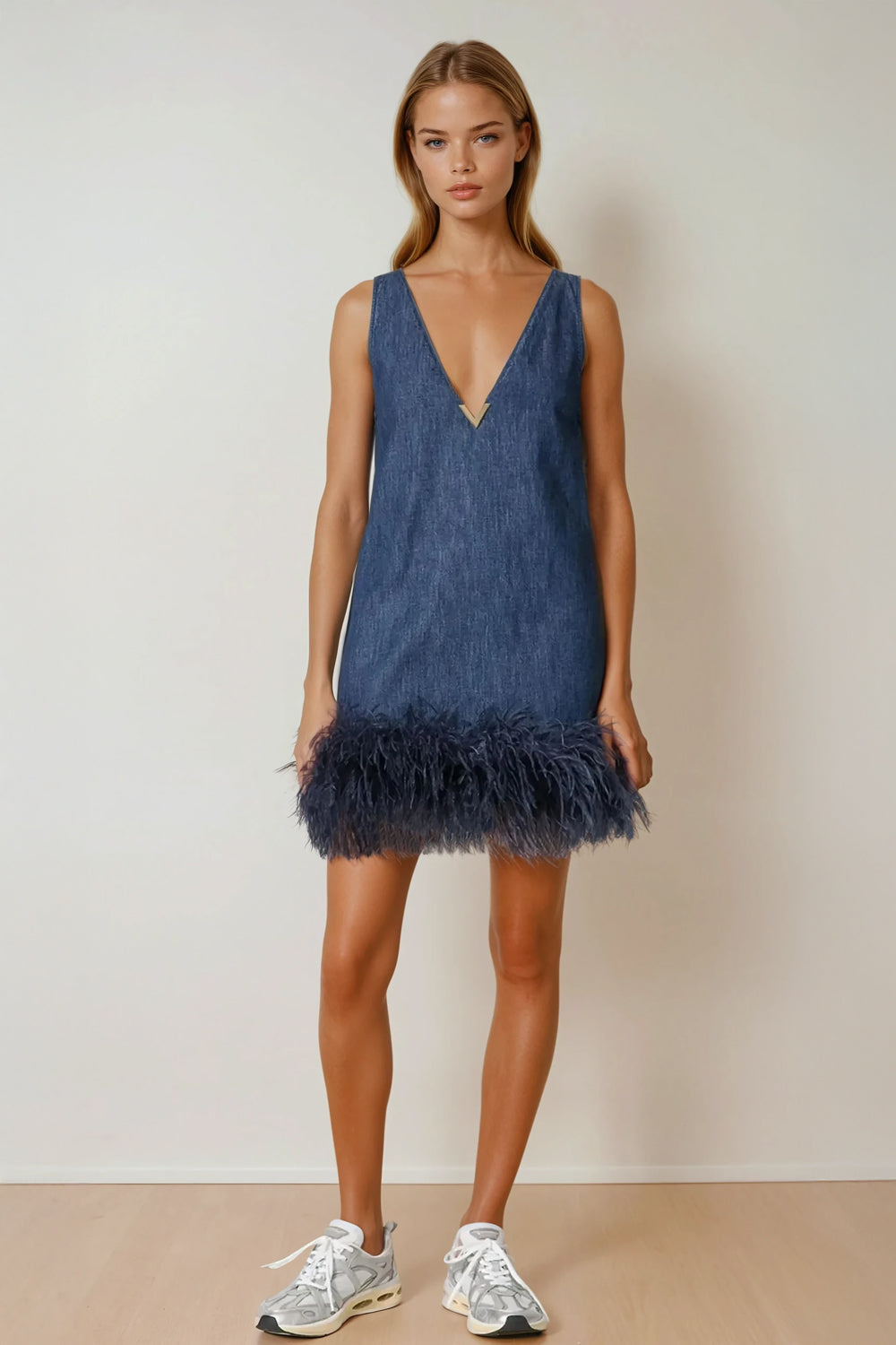 Mini Dress with Deep V-Neck and Feather Trim - Blue