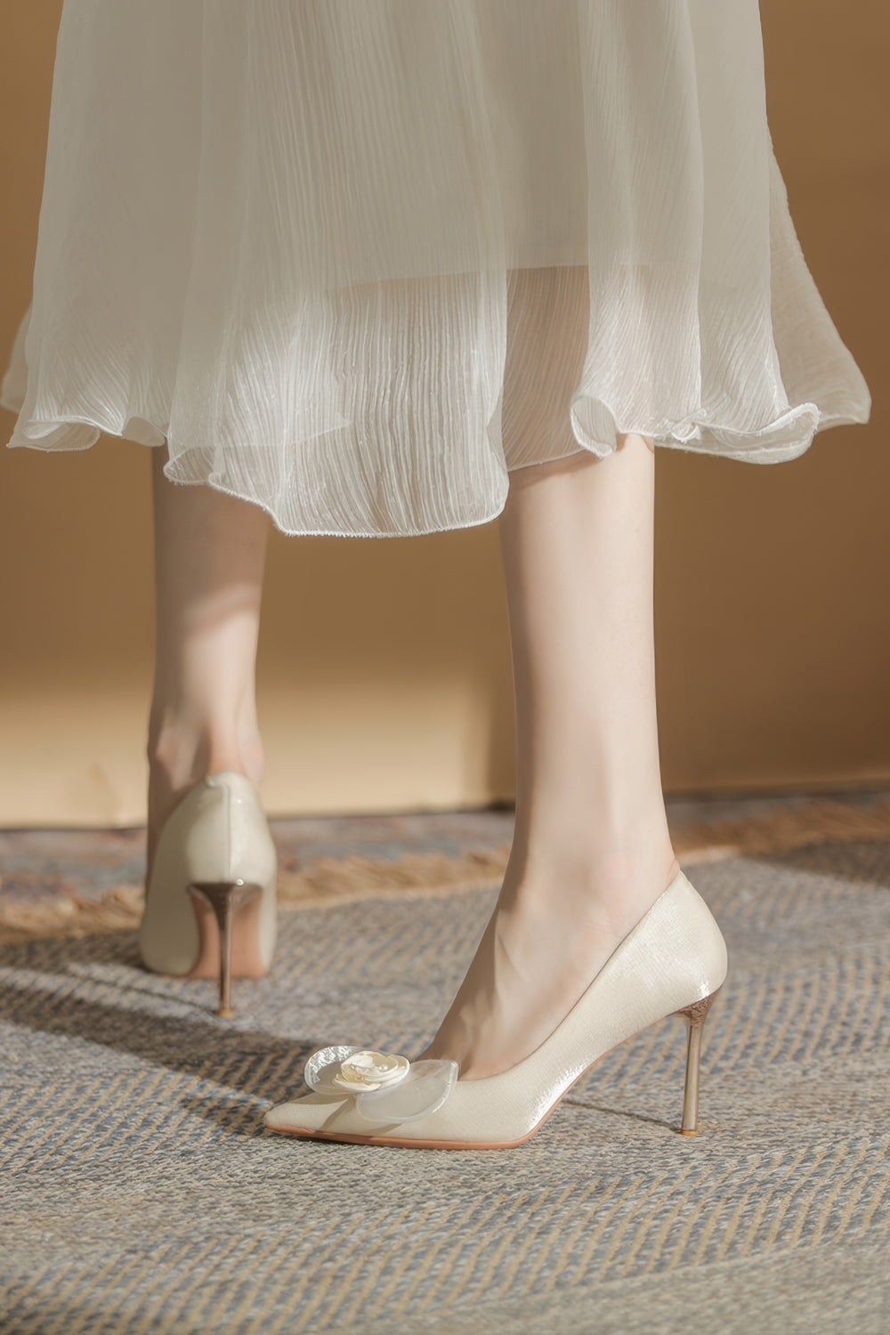 Pointed Toe Heels with Flower Detail - Apricot