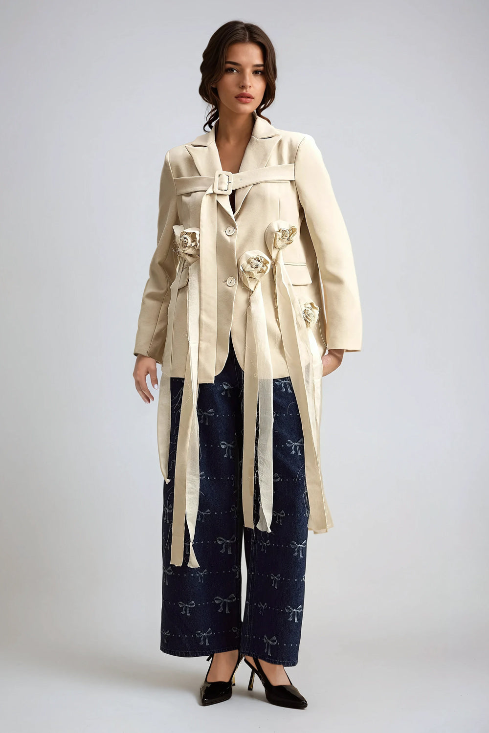 Long-Sleeve Blazer with Decorative Flowers and Belted Detail - Beige