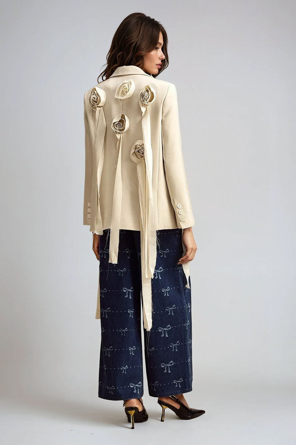 Long-Sleeve Blazer with Decorative Flowers and Belted Detail - Beige