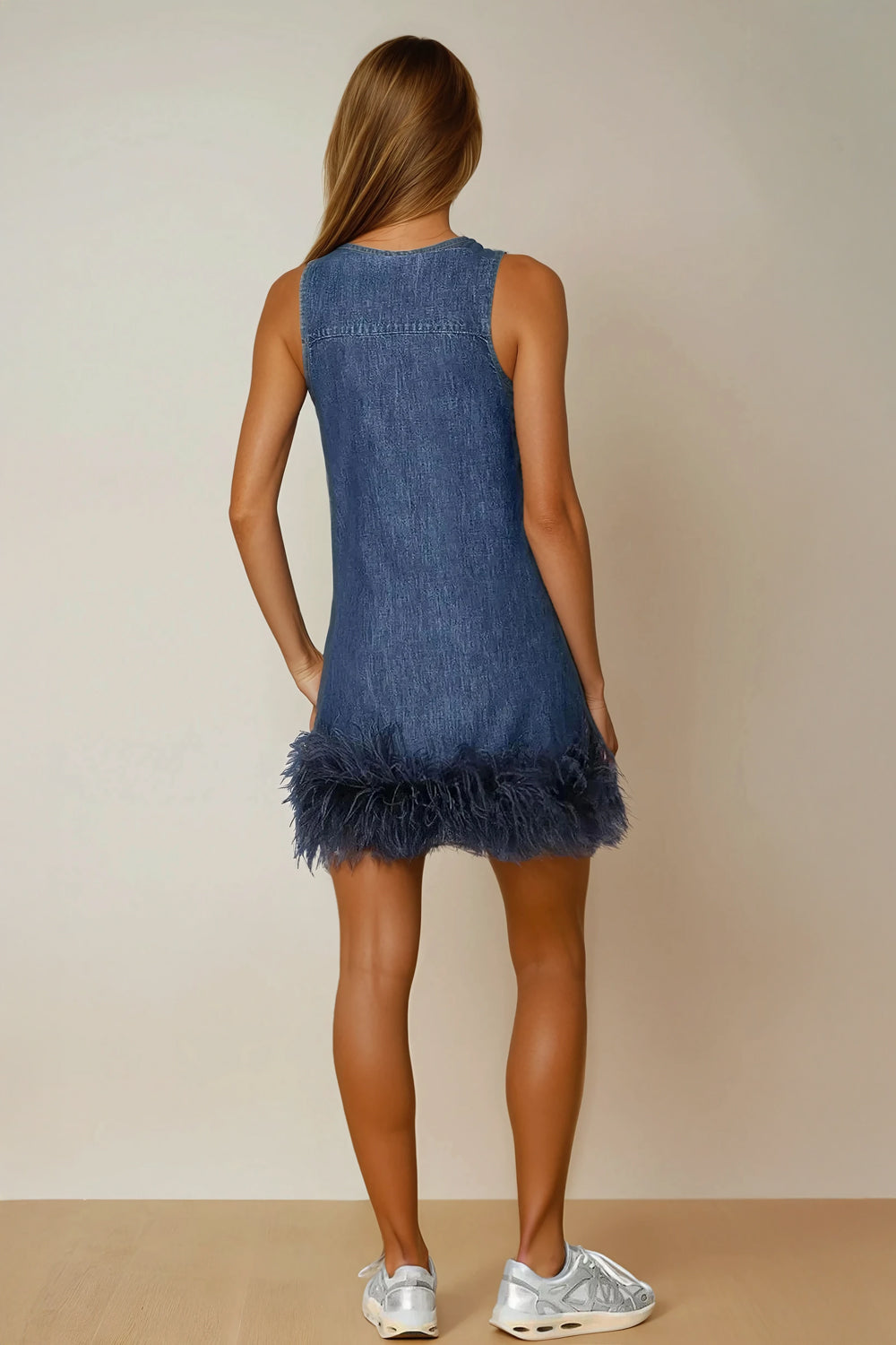 Mini Dress with Deep V-Neck and Feather Trim - Blue