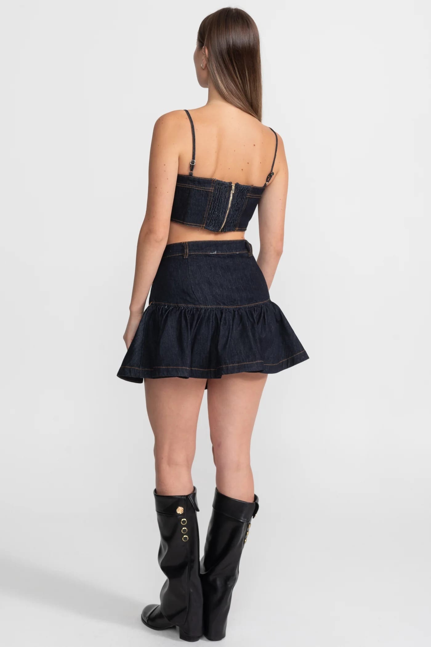 Two-Piece Set with Structured Top and Tiered Mini Skirt - Dark Blue