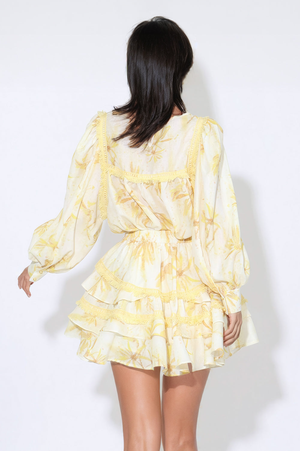 Two-Piece Set with Printed Long Sleeve Top and Ruffled Skirt - Yellow