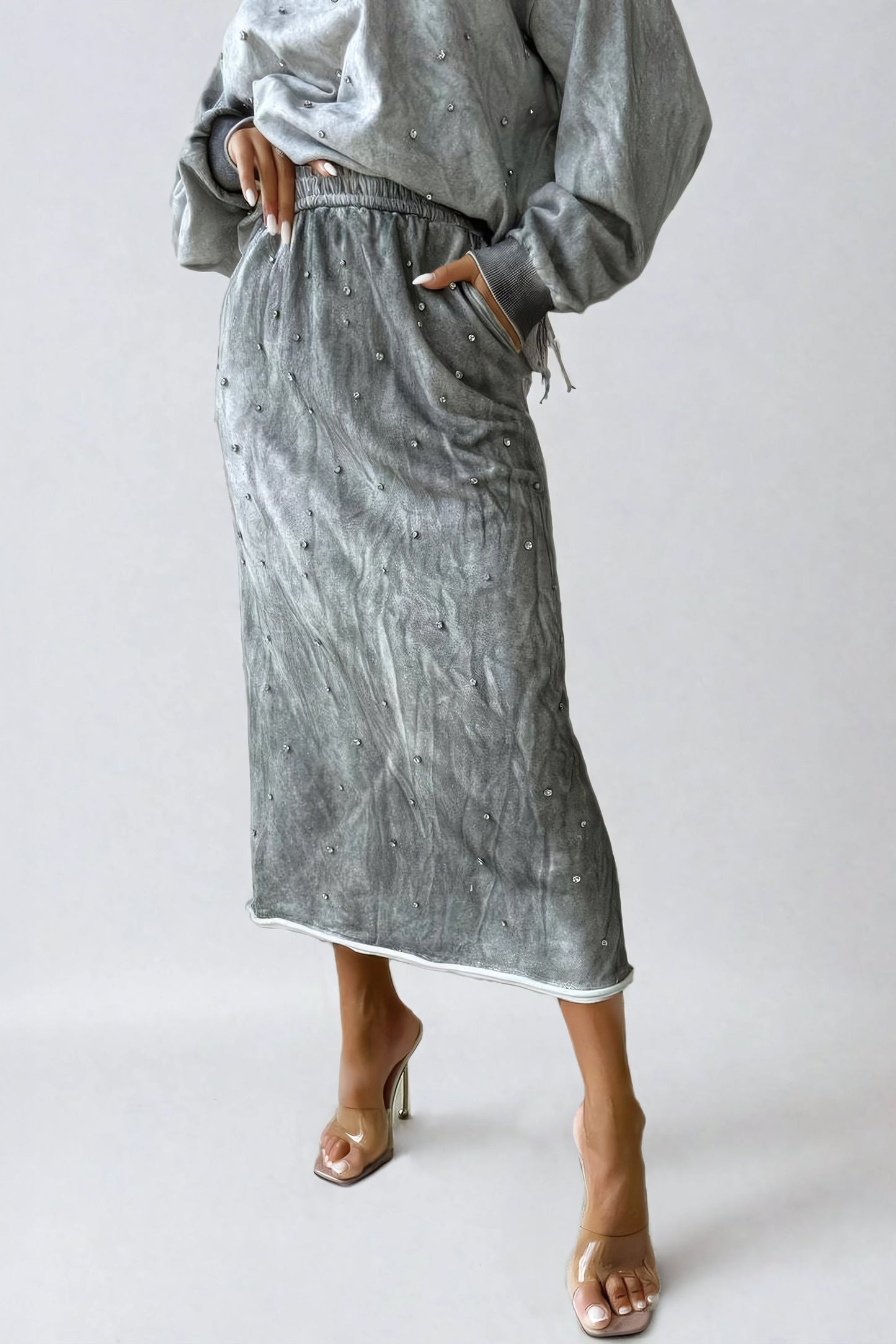 Midi Skirt with Embellished Design and Elastic Waistband - Gray