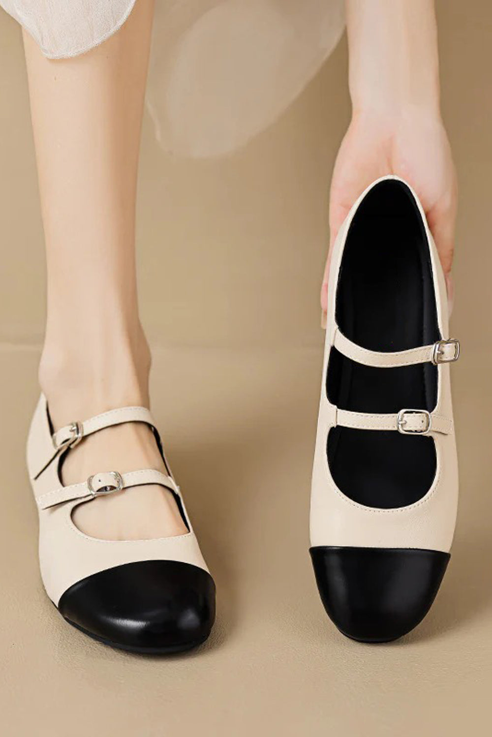 Triple Strap Round-Toe Flat Shoes - Beige