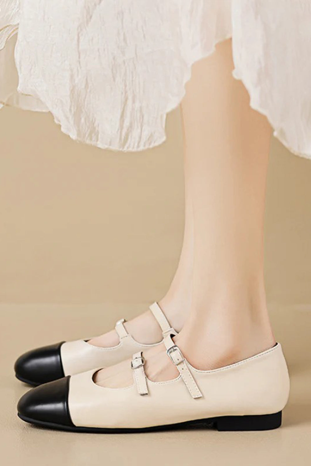 Triple Strap Round-Toe Flat Shoes - Beige