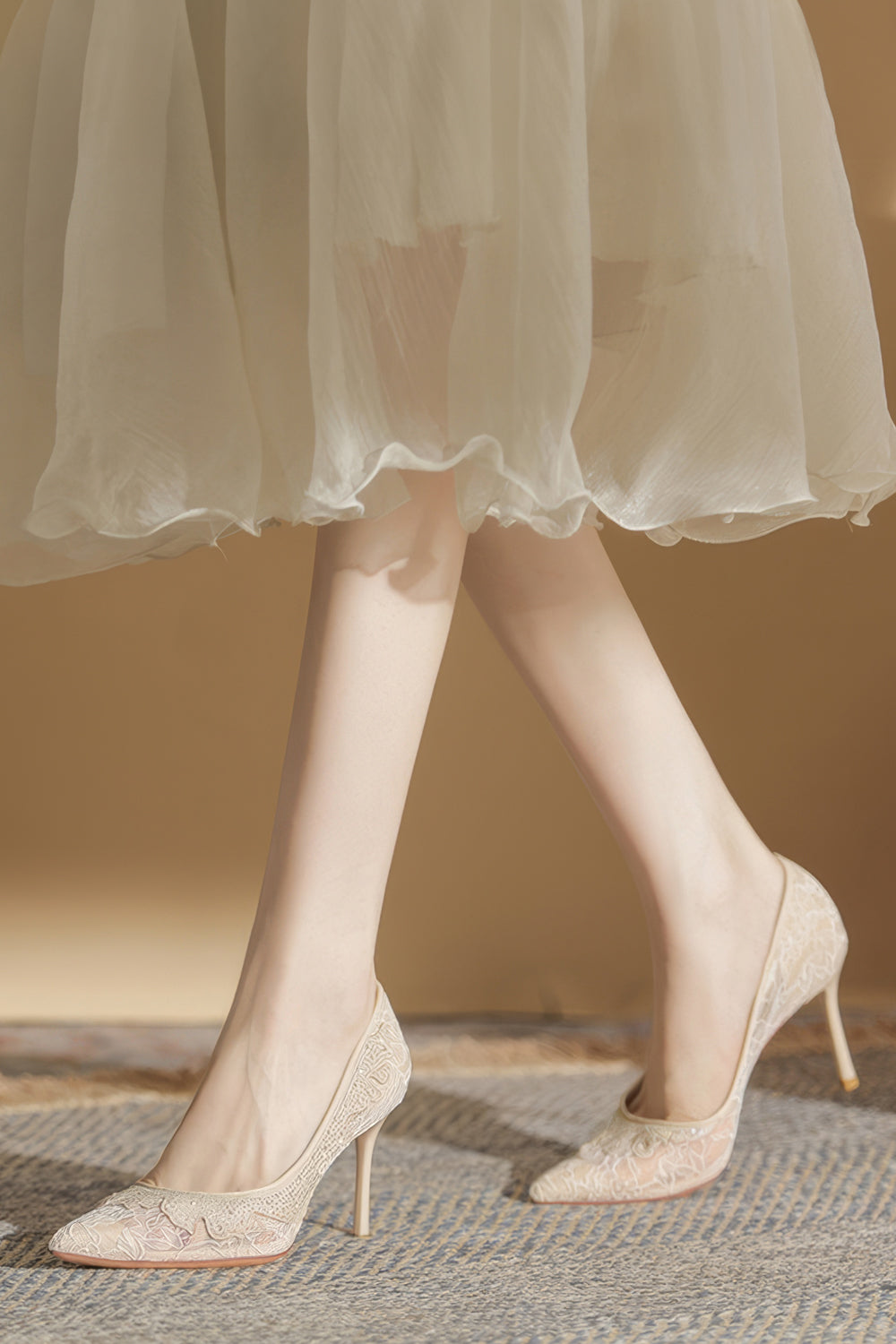 Pointed Toe Heels with Sheer Lace Design - Cream